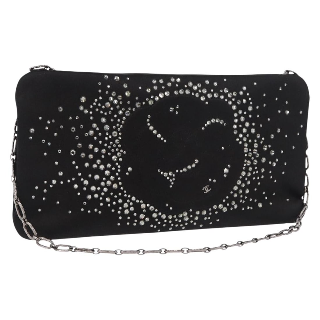 CHANEL Camelia Satin Shoulder Bag Black Silver Chain Strap: CHANEL Camelia Satin Shoulder Bag Black Silver Chain Strap Chanel Camelia chain shoulder bag in black satin with silver-tone CC detailing. Includes a dust bag. Made in Italy. The bag is noted as being
