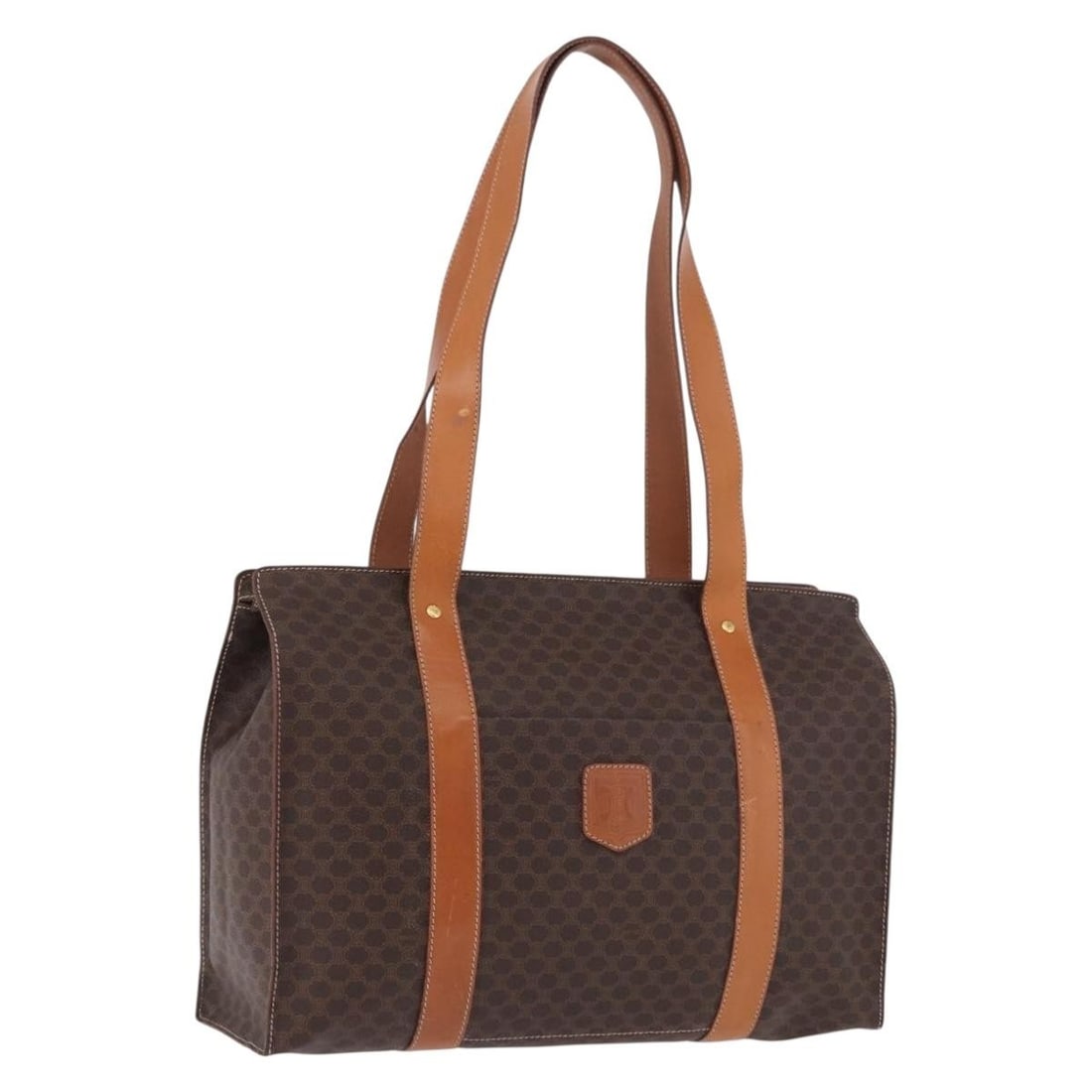 CELINE Macadam Canvas PVC Leather Tote in Brown Gold: CELINE Macadam Canvas PVC Leather Tote in Brown Gold Celine Macadam canvas tote bag in brown and gold with PVC leather trim. Made in Italy, this women's tote includes only the item shown and does not 
