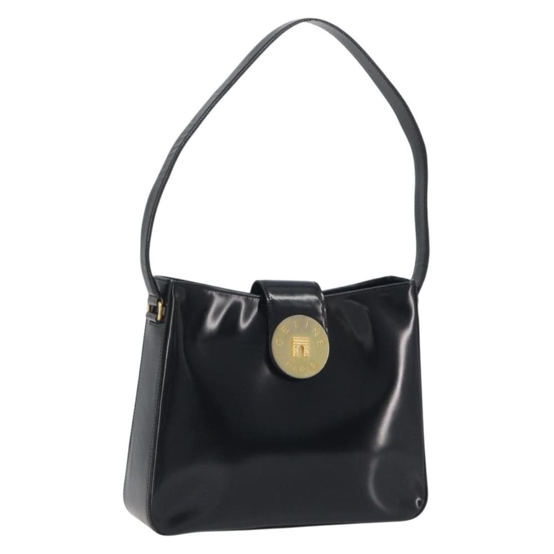 CELINE black leather shoulder bag gold tone hardware 193781A: CELINE black leather shoulder bag gold tone hardware 193781A Authentic CELINE shoulder bag in black leather with gold-tone accents. Made in Italy, this women's bag is offered without the original box 