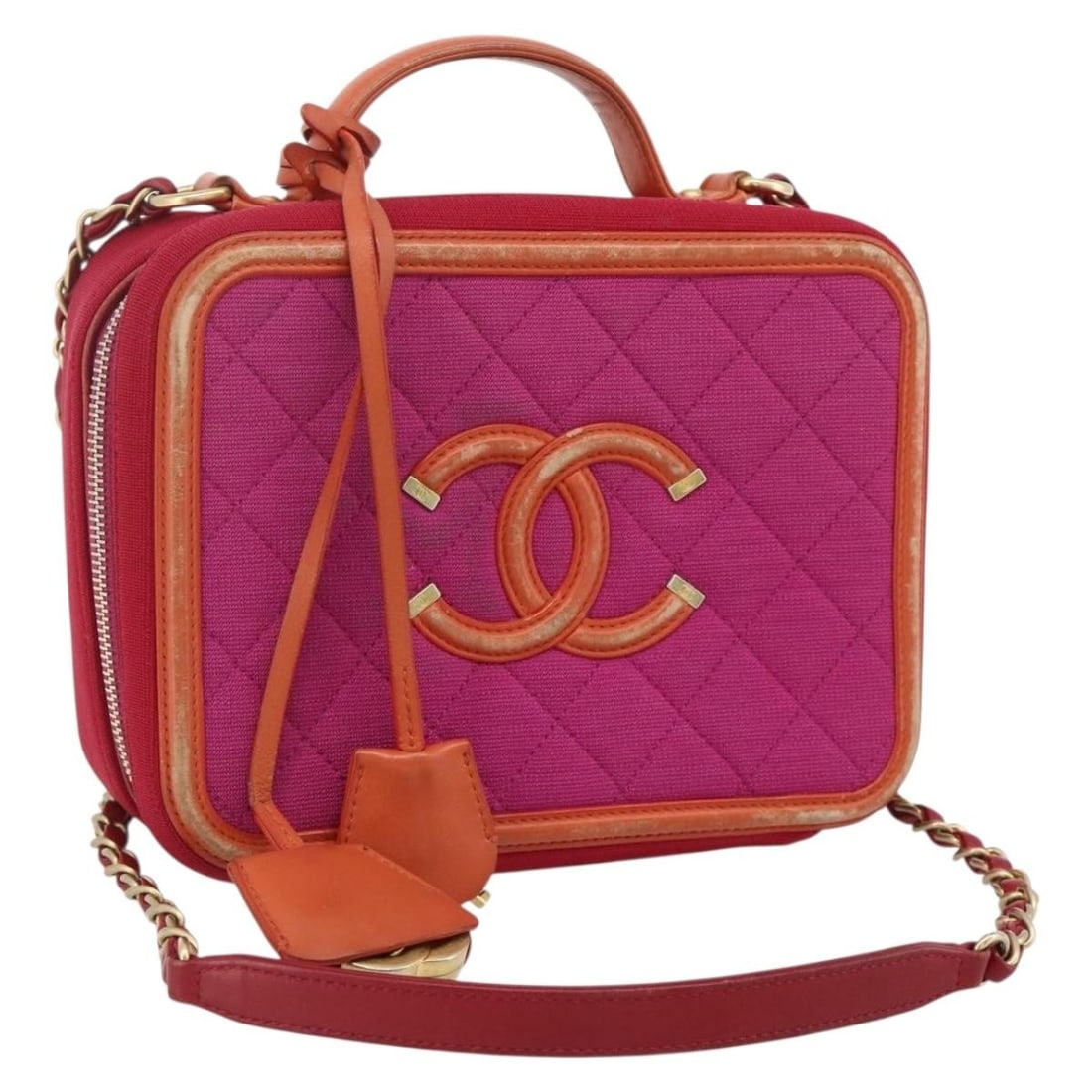 CHANEL CC Filigree Vanity Shoulder Bag Pink Cotton Gold Tone: CHANEL CC Filigree Vanity Shoulder Bag Pink Cotton Gold Tone Chanel CC Filigree chain vanity shoulder bag in pink cotton with gold-tone accents. Made in Italy, this women's shoulder bag includes a pad