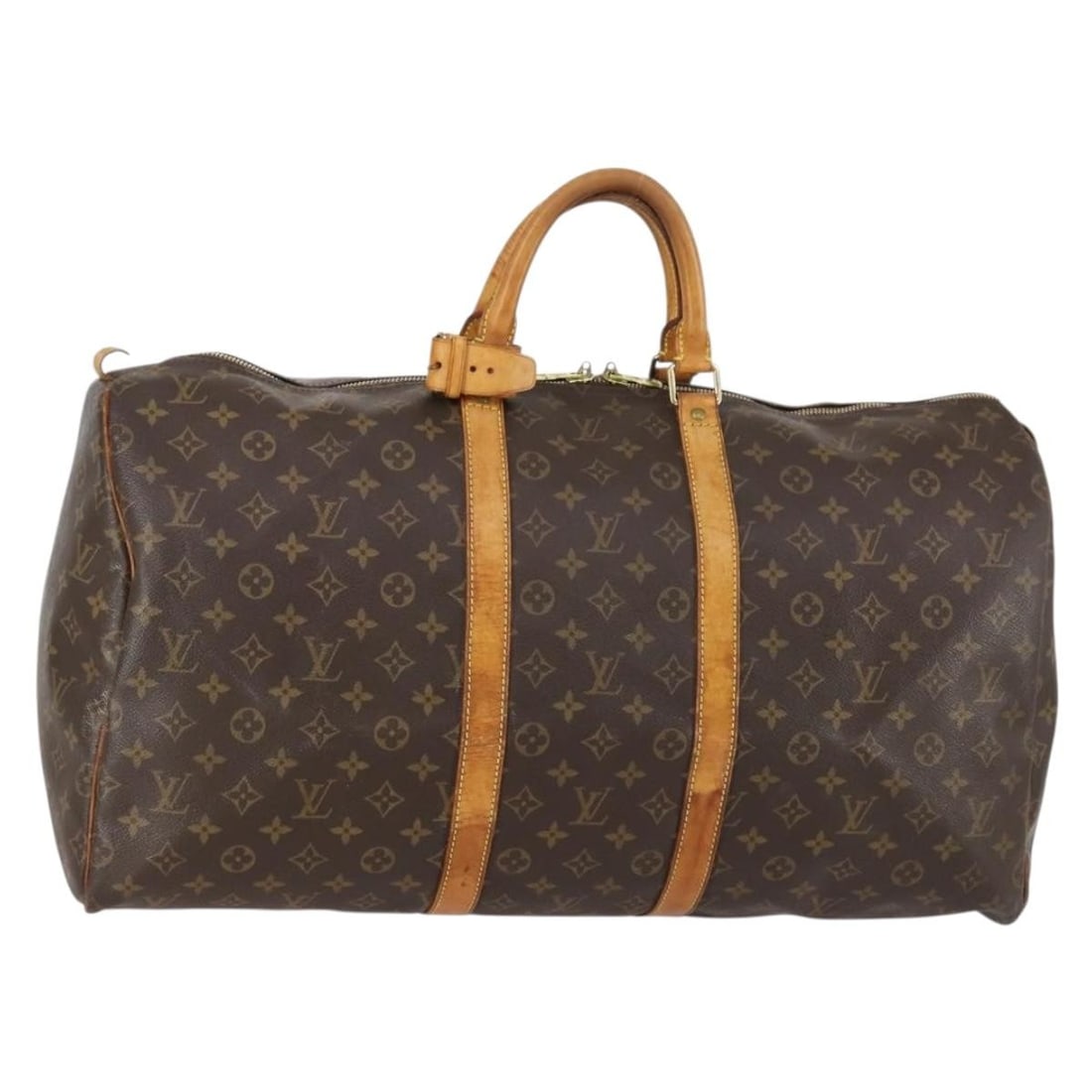Louis Vuitton M41424 Keepall 55 Monogram Canvas Boston Bag: Louis Vuitton M41424 Keepall 55 Monogram Canvas Boston Bag Louis Vuitton Keepall 55 Boston bag in Monogram canvas, model M41424, made in France. This heavily used bag includes the Powanie accessory an