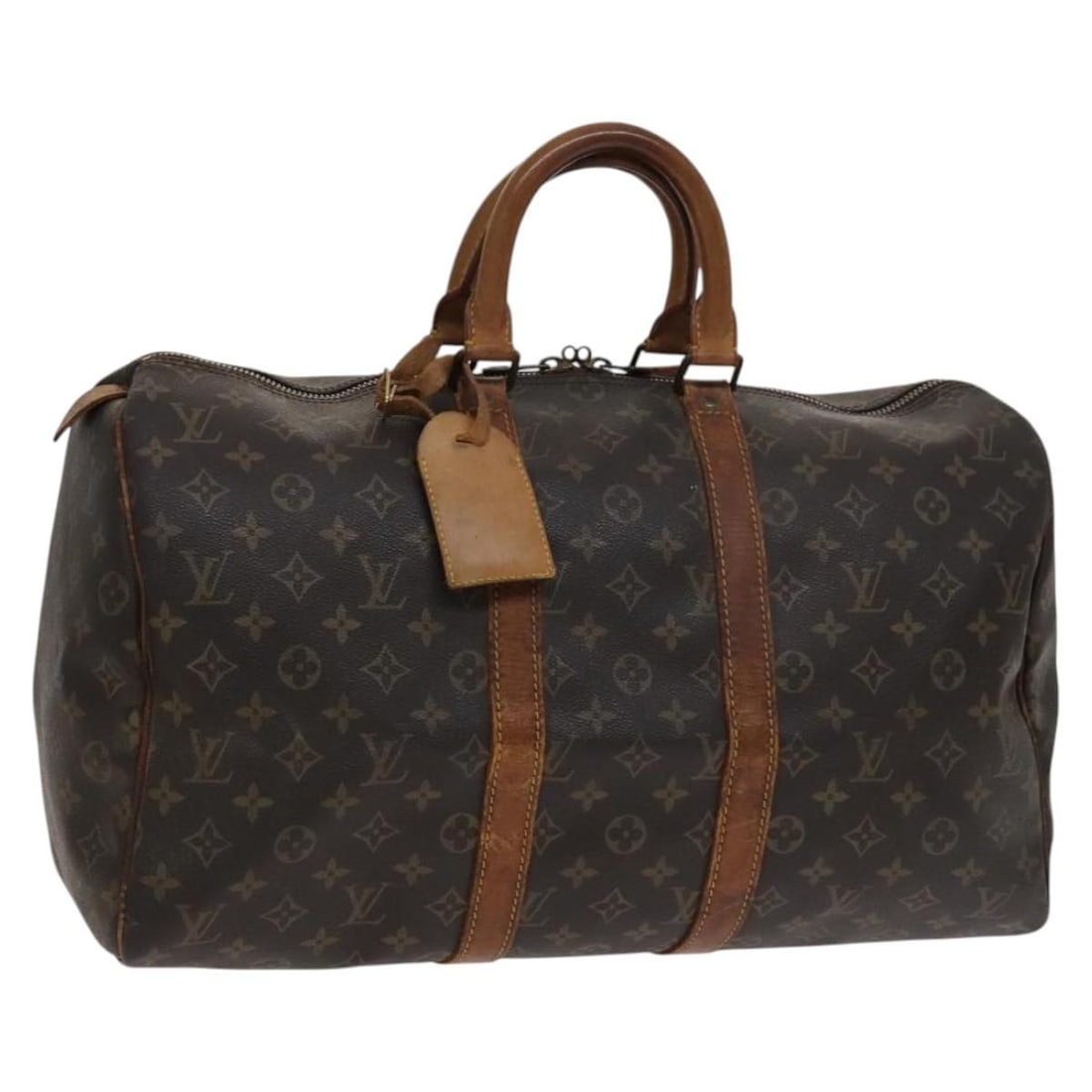 Louis Vuitton Keepall 45 Monogram Canvas Boston Bag M41428 with Name Tag: Louis Vuitton Keepall 45 Monogram Canvas Boston Bag M41428 with Name Tag This is a Louis Vuitton Monogram Keepall 45 Boston Bag, crafted from signature monogram canvas with leather trim. The bag featu