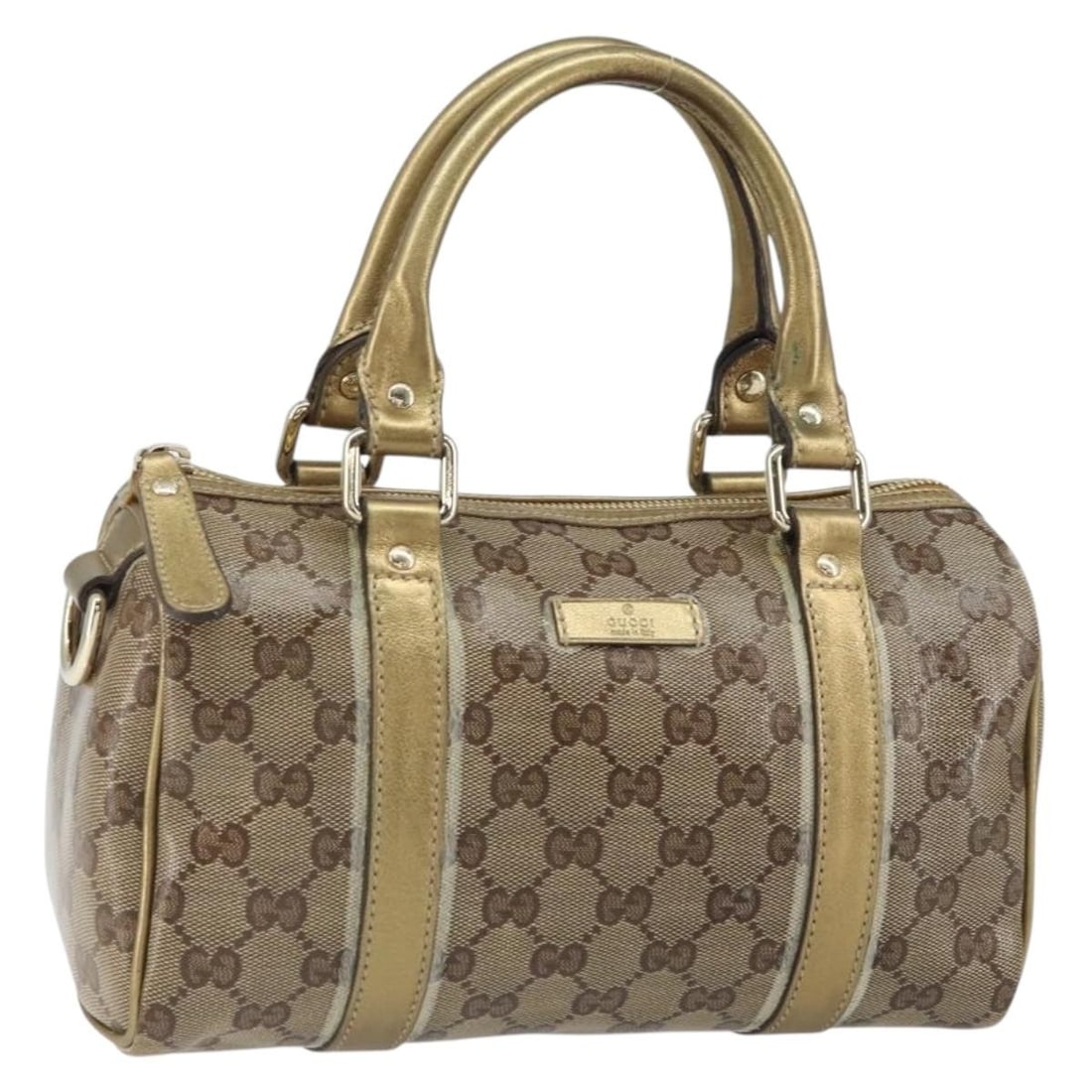 Gucci 193604 GG Crystal coated canvas handbag beige gold: Gucci 193604 GG Crystal coated canvas handbag beige gold Gucci GG Crystal handbag in beige and gold coated canvas. This women's handbag is made in Italy and features a compact silhouette with a short 
