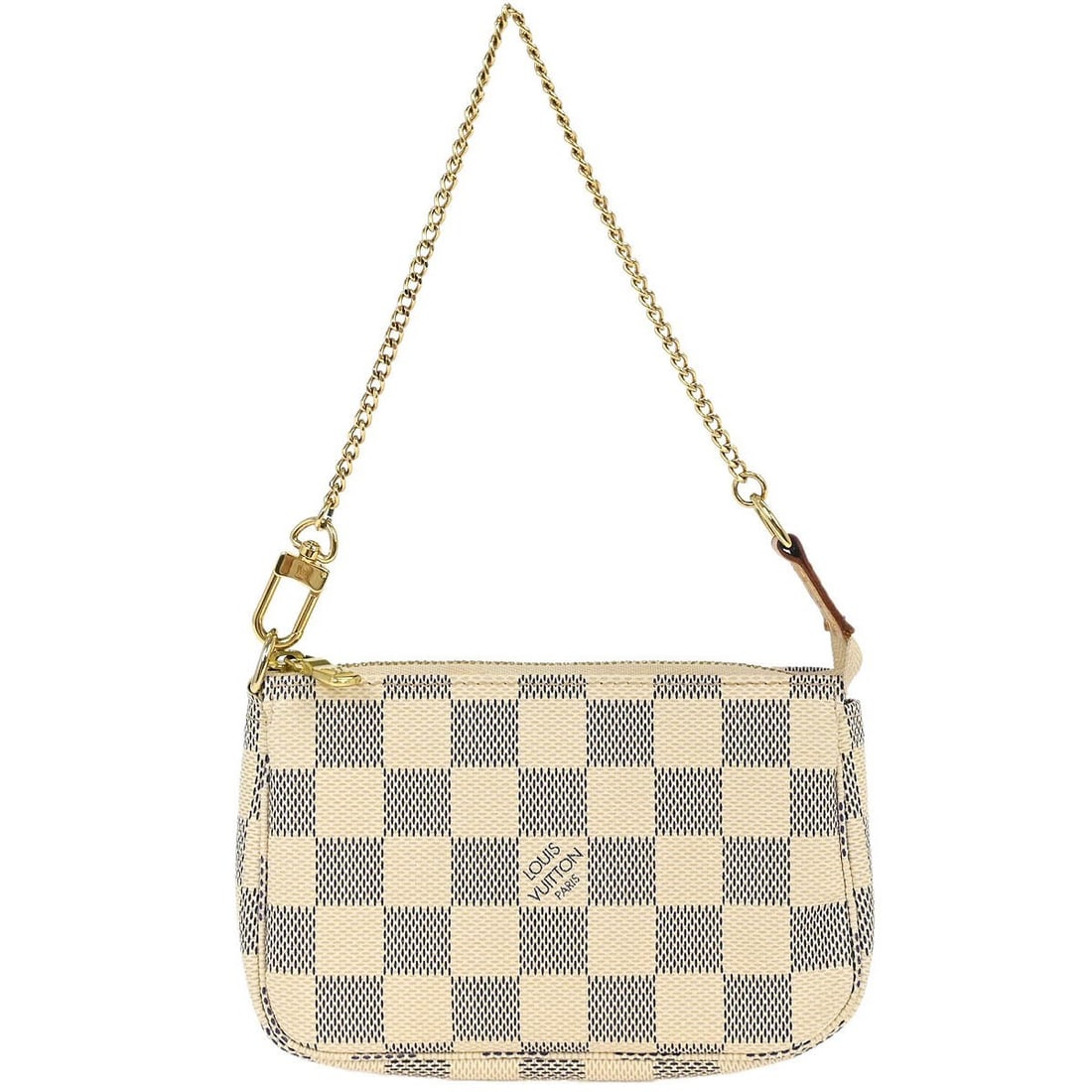 Louis Vuitton Mini Pochette Accessoires Damier Azur Canvas Pouch N58010: Louis Vuitton Mini Pochette Accessoires Damier Azur Canvas Pouch N58010 Vintage Louis Vuitton Mini Pochette Accessoires in Damier Azur with a zip closure and chain strap. This women's pouch bag is mad