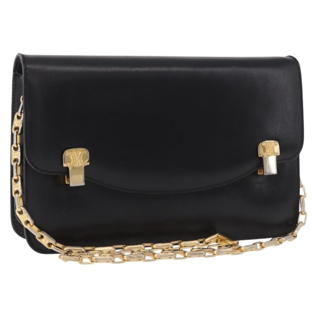 CELINE Leather Shoulder Bag Black with Gold Chain Italy: CELINE Leather Shoulder Bag Black with Gold Chain Italy Celine chain shoulder bag in black leather with gold-tone accents. Made in Italy, this women's shoulder bag includes a dust bag. Condition is ra