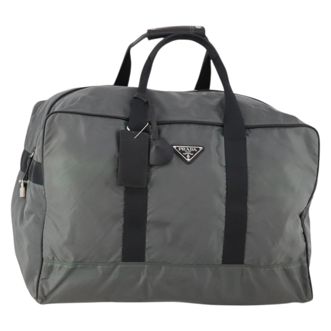 PRADA Nylon Boston Bag Gray Silver with Key Clochette Name Tag: PRADA Nylon Boston Bag Gray Silver with Key Clochette Name Tag Authentic Prada Boston bag in gray and silver nylon, made in Italy. This women's bag includes two keys, a clochette, and a name tag. Cond
