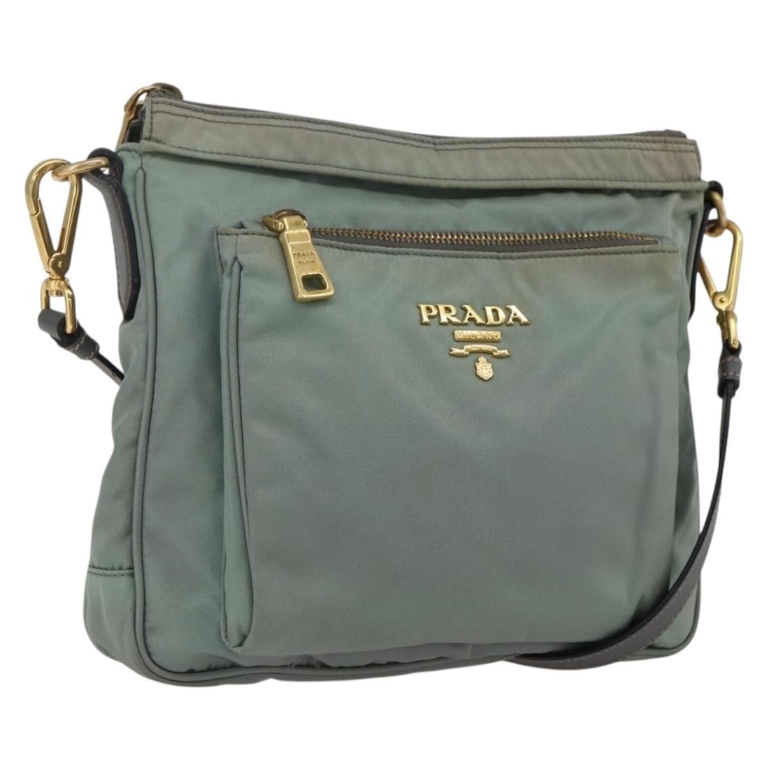 Prada Nylon Shoulder Bag Green with Gold Tone Made in Italy: Prada Nylon Shoulder Bag Green with Gold Tone Made in Italy Prada shoulder bag in green nylon with gold-tone accents, made in Italy. This women's bag is offered without the original box or dust bag; o