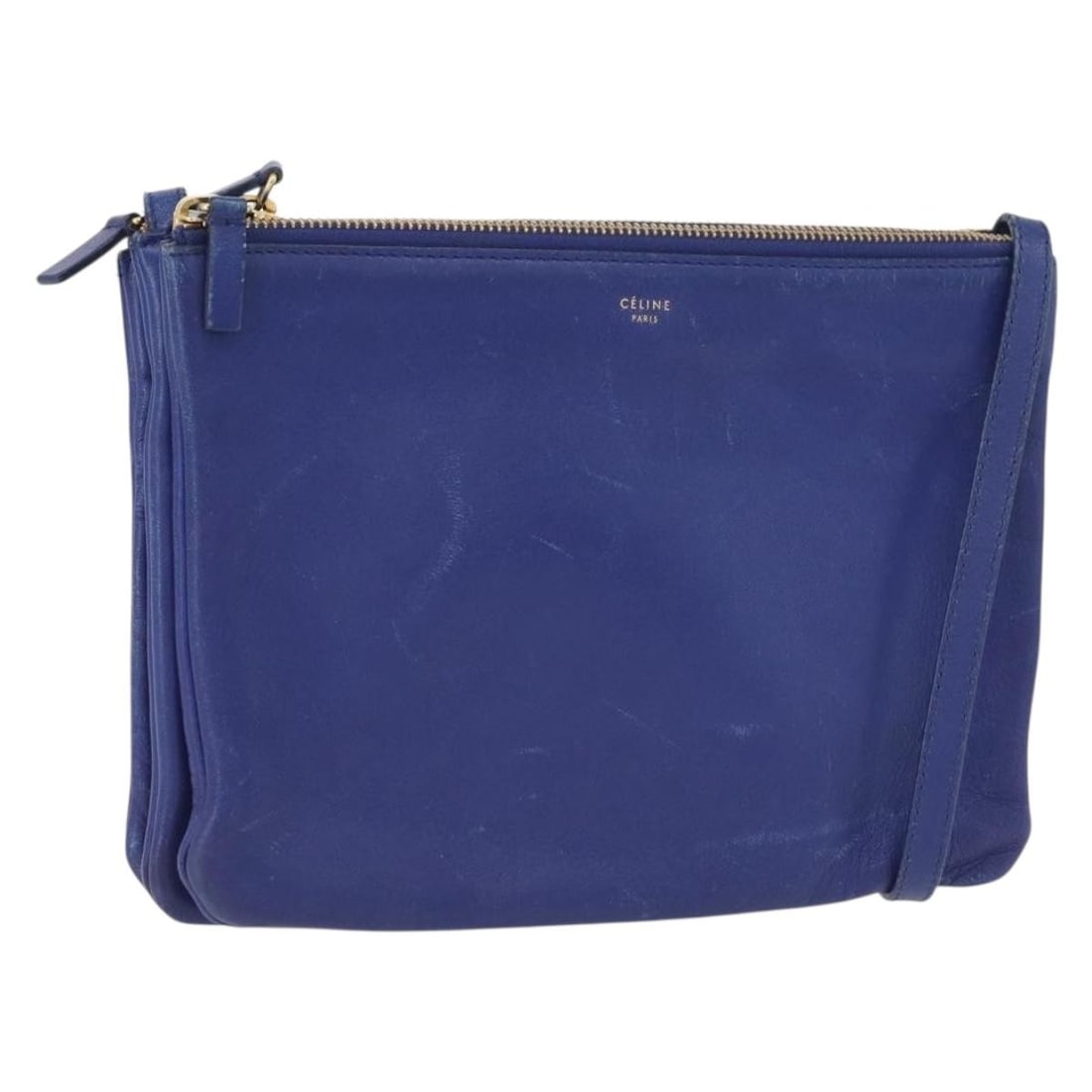 CELINE Trio Large blue leather shoulder bag with gold tone hardware: CELINE Trio Large blue leather shoulder bag with gold tone hardware Authentic CELINE Trio Large shoulder bag in blue leather with gold-tone accents. Made in Italy, this women's bag features a slim pro