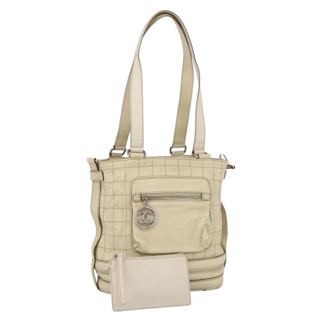 CHANEL Choco Bar Leather Handbag Ivory Silver with Pouch Charm: CHANEL Choco Bar Leather Handbag Ivory Silver with Pouch Charm Chanel Choco Bar handbag in ivory leather with silver-tone accents. This women's handbag includes a pouch and charm. It has been repainte