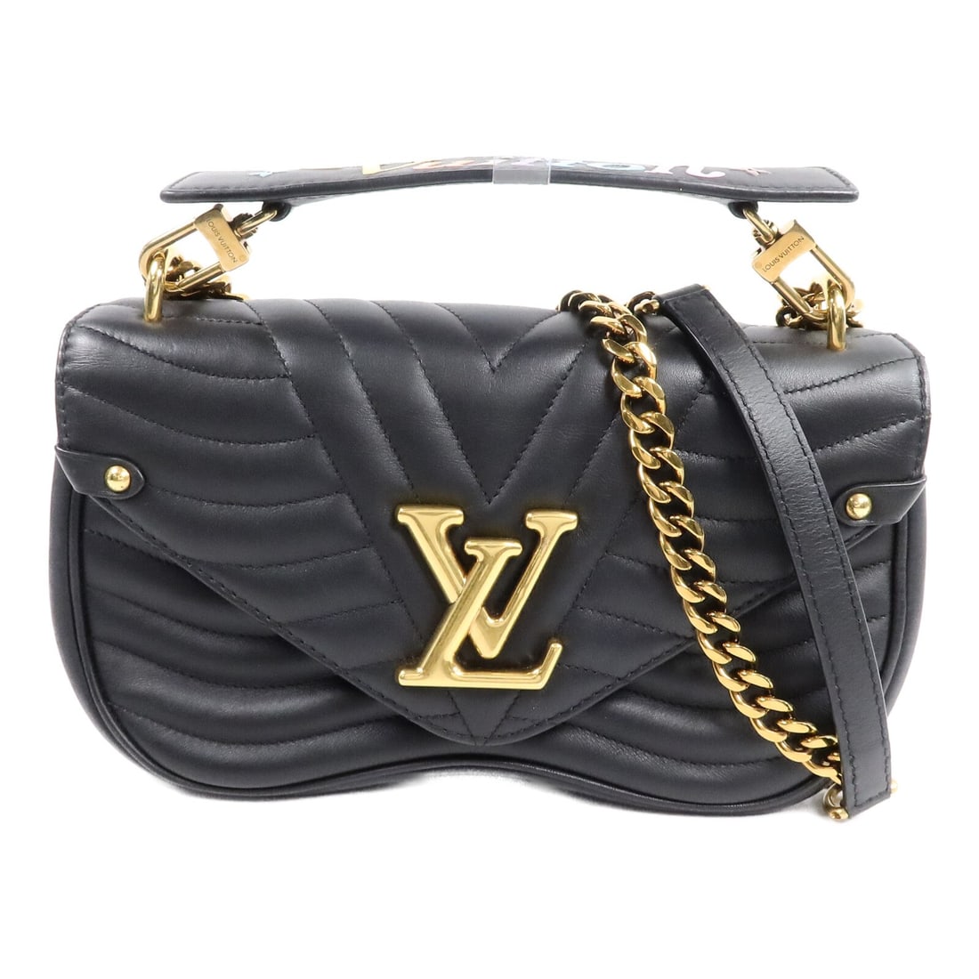 Louis Vuitton New Wave MM Shoulder Bag M51498 Black Calfskin: Louis Vuitton New Wave MM Shoulder Bag M51498 Black Calfskin Louis Vuitton New Wave Chain MM shoulder bag in black calfskin with chain strap styling. This women's bag features an open interior pocket 