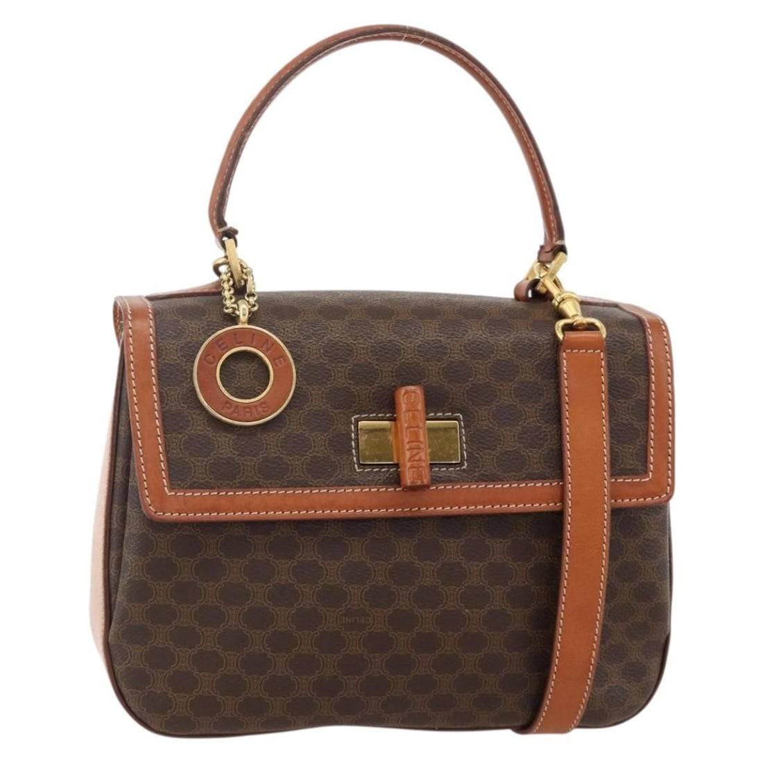 CELINE Macadam 2way Brown PVC Leather Handbag with Strap Charm: CELINE Macadam 2way Brown PVC Leather Handbag with Strap Charm Celine 2-way handbag in Macadam canvas with PVC leather trim, finished in brown with gold-tone accents. Made in Italy, this women's bag i