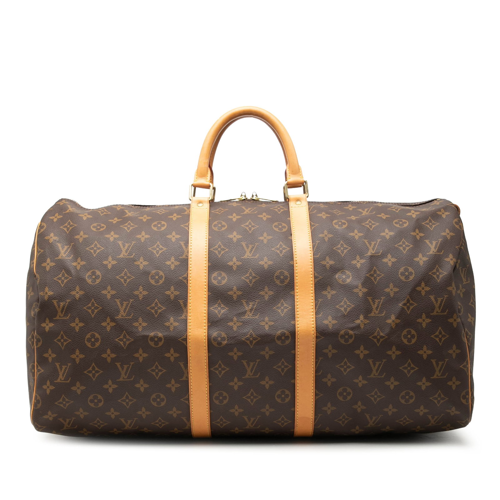 Louis Vuitton Keepall 55 Monogram Travel Bag: Louis Vuitton Keepall 55 Monogram Travel Bag Louis Vuitton Monogram Keepall 55 travel bag crafted with a monogram canvas body, vachetta leather trim, rolled vachetta leather handles, and a top zip clo