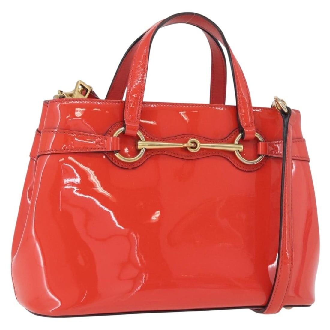 Gucci 371925 red patent leather 2 way handbag with shoulder strap: Gucci 371925 red patent leather 2 way handbag with shoulder strap Authentic Gucci 2-way handbag in red patent leather with gold-tone accents. This women's bag includes a shoulder strap and can be carr