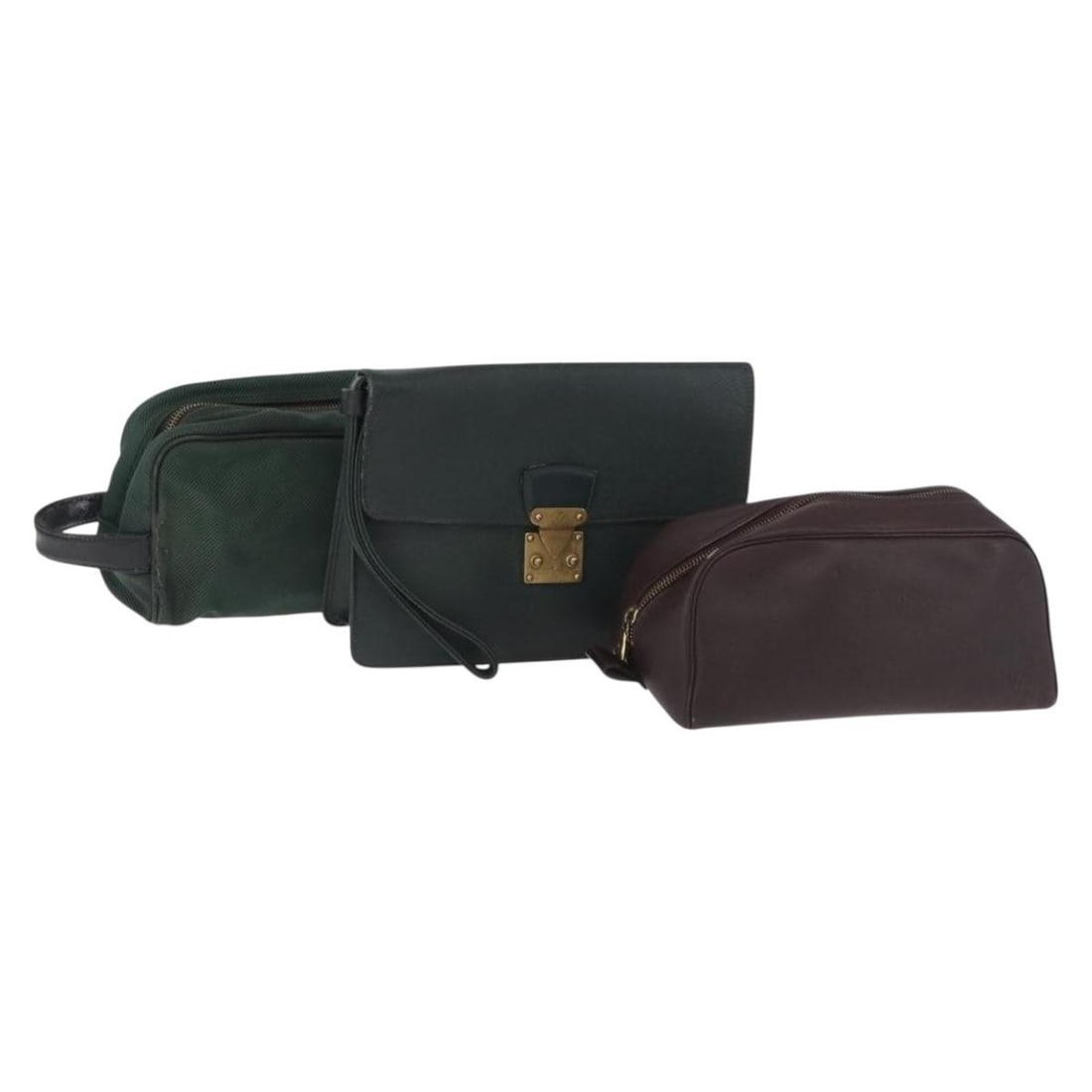 Louis Vuitton Taiga Leather Clutch Bag Acajou Grizzly Epithea Set of 3: Louis Vuitton Taiga Leather Clutch Bag Acajou Grizzly Epithea Set of 3 Set of three Louis Vuitton Taiga leather clutch bags in Acajou, Grizzly, and Epithea. This heavily used set shows significant wea