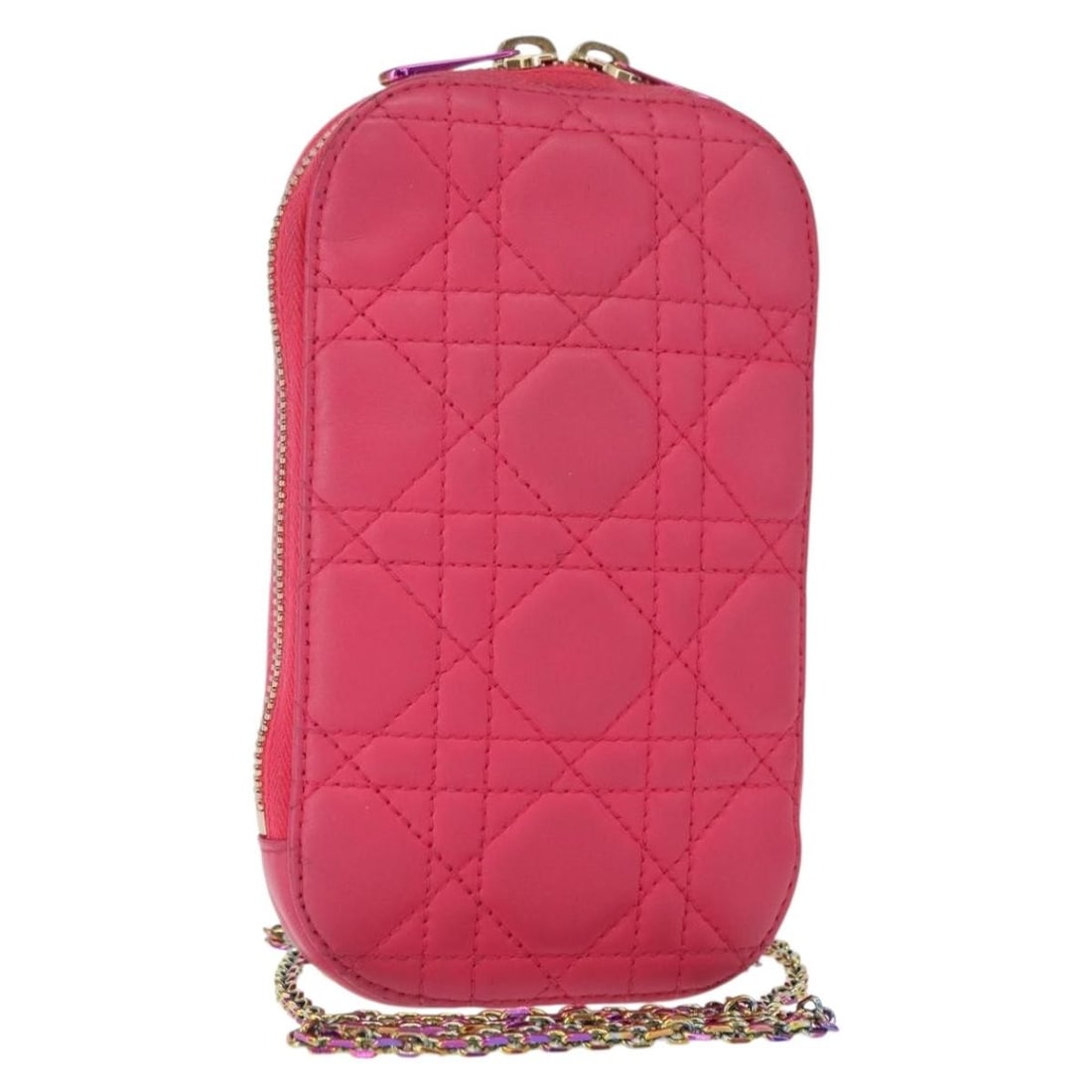 Christian Dior Cannage 2way Leather Phone Pouch Shoulder Bag Pink Gold: Christian Dior Cannage 2way Leather Phone Pouch Shoulder Bag Pink Gold Christian Dior Cannage phone chain shoulder pouch in pink leather with gold-tone accents. This 2-way women's shoulder bag include