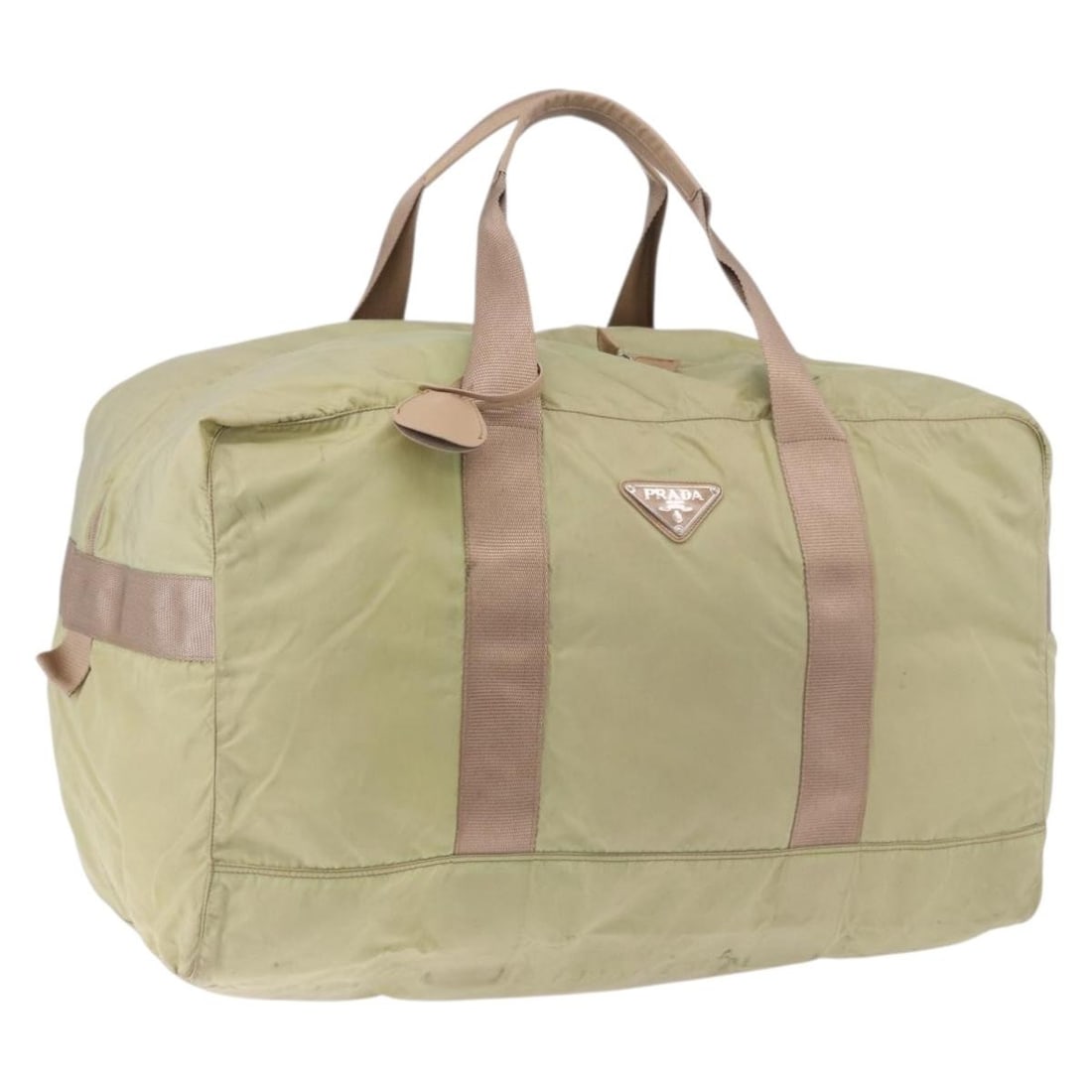 PRADA Khaki Nylon Boston Bag with Padlock Key Clochette: PRADA Khaki Nylon Boston Bag with Padlock Key Clochette Authentic Prada Boston bag in khaki and silver nylon. This women's bag includes a padlock, one key, and a clochette. Condition is heavily used, 