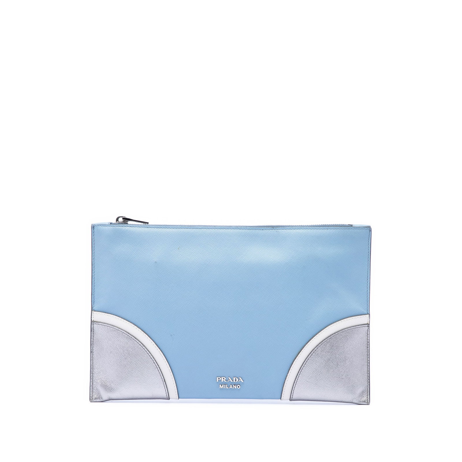 Prada Tricolor Saffiano Leather Zip Clutch Bag Blue: Prada Tricolor Saffiano Leather Zip Clutch Bag Blue Prada tricolor saffiano clutch crafted in leather with a structured silhouette. It features a flat back handle, top zip closure, and an interior wit
