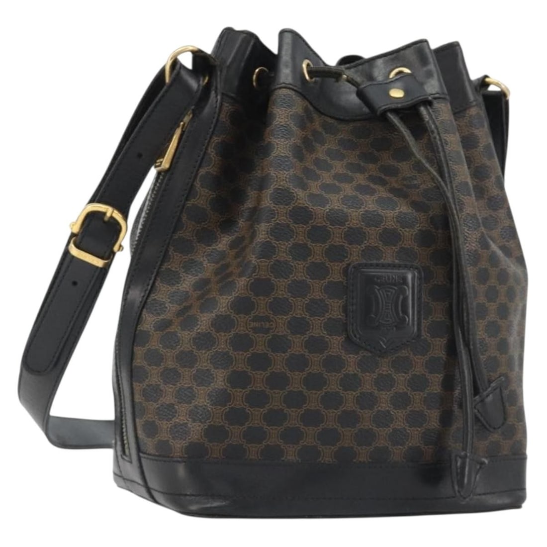 CELINE Macadam PVC Leather Shoulder Bag in Black and Gold: CELINE Macadam PVC Leather Shoulder Bag in Black and Gold Authentic CELINE Macadam shoulder bag crafted from PVC leather and Macadam canvas in black with gold-tone accents. Made in Italy, this women's
