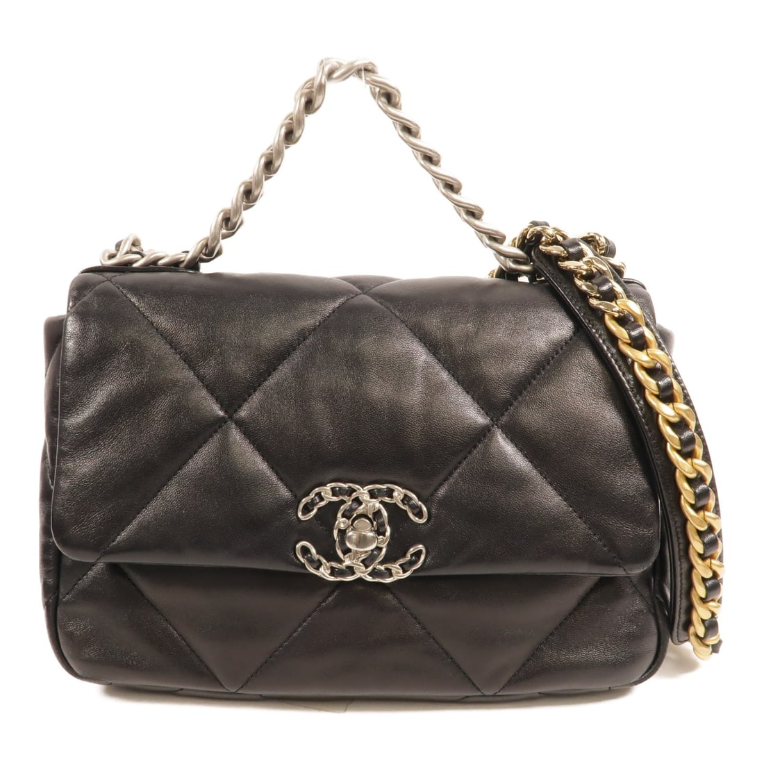 CHANEL Chanel 19 Small Lambskin 2Way Shoulder Bag Black AS1160: CHANEL Chanel 19 Small Lambskin 2Way Shoulder Bag Black AS1160 A CHANEL Chanel 19 Small 2Way Shoulder Bag in black lambskin (sheep leather) with silver hardware. It is a women's regular-size bag made 