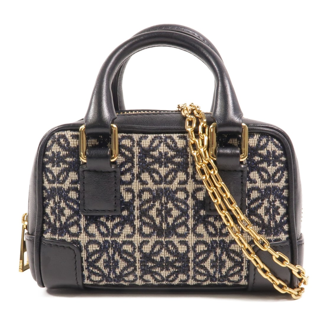 LOEWE Amazona Nano Blue 2 Way Shoulder Bag Calfskin Anagram Canvas: LOEWE Amazona Nano Blue 2 Way Shoulder Bag Calfskin Anagram Canvas LOEWE Amazona Nano 2-way shoulder bag in blue Anagram canvas with calfskin leather trim. This women's bag features a compact structur