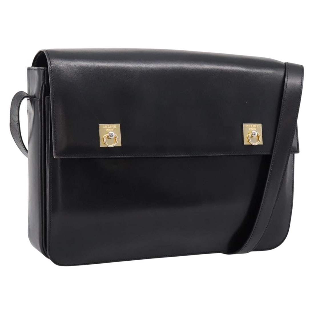CELINE black leather shoulder bag with gold tone hardware: CELINE black leather shoulder bag with gold tone hardware Authentic CELINE shoulder bag in black leather with gold-tone accents. Made in Italy, this women's bag features a structured shoulder bag silh