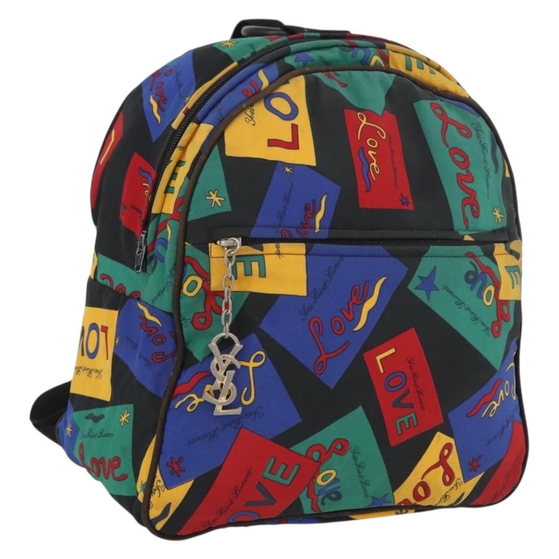 Saint Laurent Multicolor Gold Nylon Backpack France: Saint Laurent Multicolor Gold Nylon Backpack France Saint Laurent backpack in multicolor and gold nylon, made in France. This women's style is presented as a heavily used item with visible wear, inclu