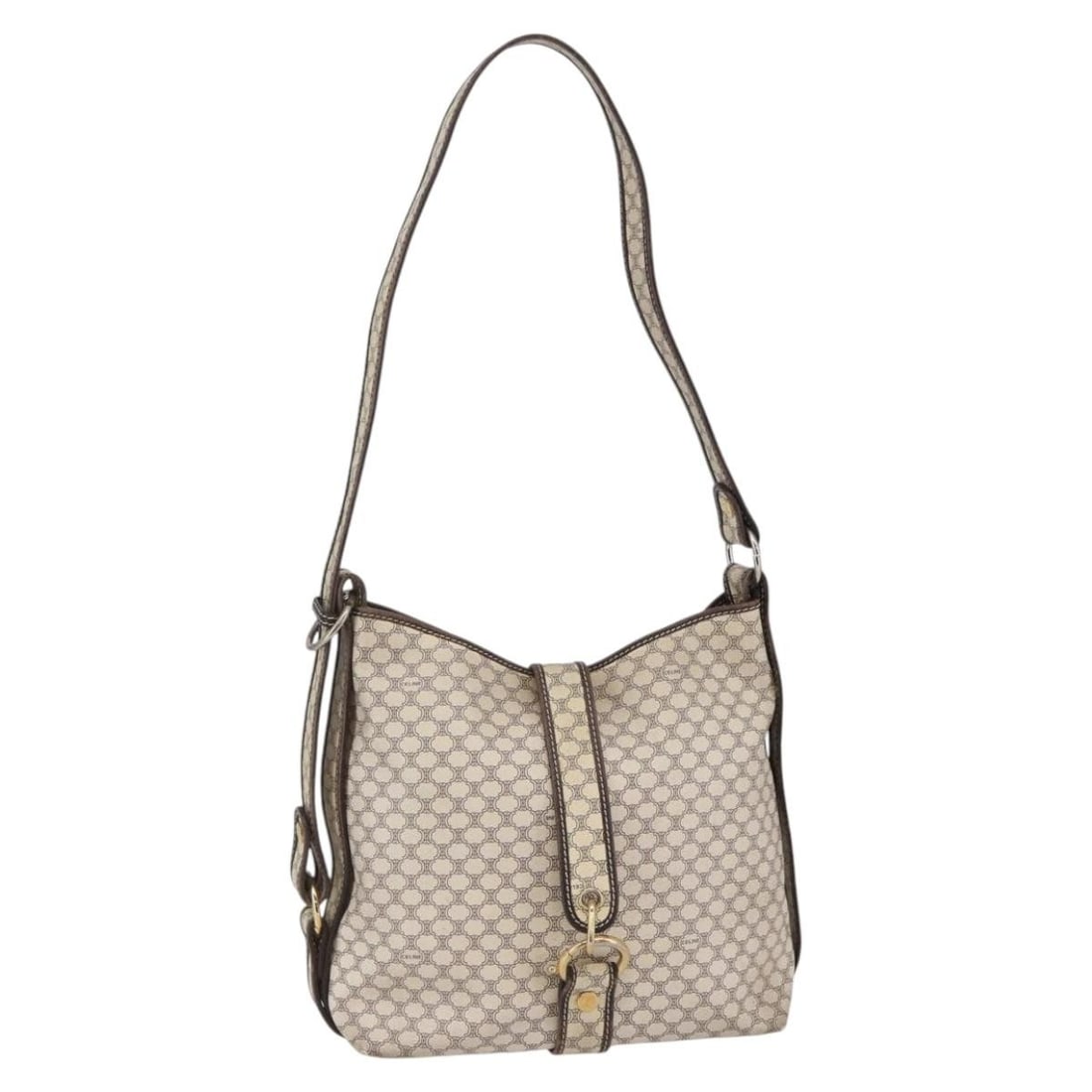 CELINE Macadam Canvas Shoulder Bag PVC Leather White Gold Made in Italy: CELINE Macadam Canvas Shoulder Bag PVC Leather White Gold Made in Italy This authentic CELINE Macadam Canvas Shoulder Bag is a stylish accessory crafted in Italy, featuring a sophisticated combination
