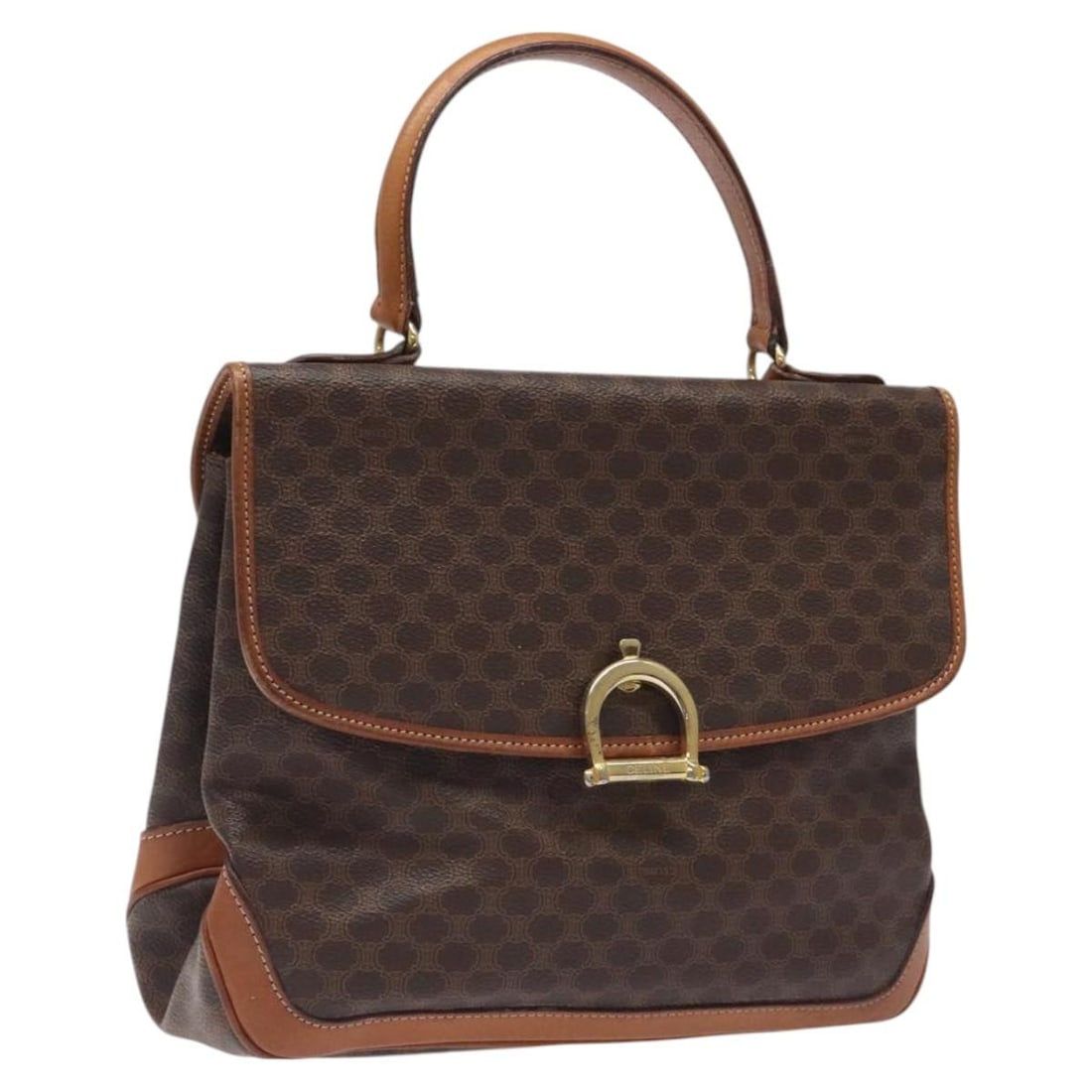 Celine Brown Macadam Canvas PVC Leather Handbag Gold Tone Italy: Celine Brown Macadam Canvas PVC Leather Handbag Gold Tone Italy This CELINE Macadam hand bag features brown and gold PVC leather with Macadam canvas accents. Designed for women, the bag is made in Ita