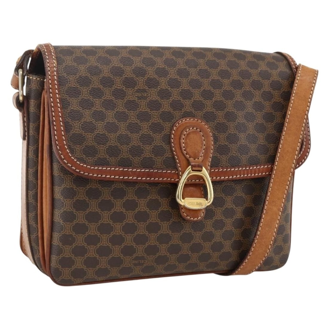 Celine Macadam Brown Gold PVC Canvas Shoulder Bag Italy: Celine Macadam Brown Gold PVC Canvas Shoulder Bag Italy This CELINE shoulder bag features the signature Macadam canvas combined with PVC leather in brown and gold tones. Designed for women, the bag of