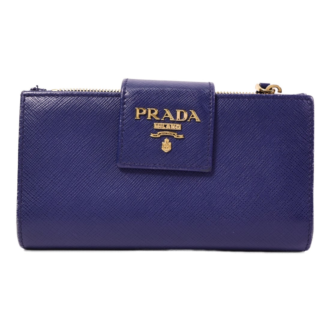PRADA 1ML005 bifold long wallet blue calfskin leather: PRADA 1ML005 bifold long wallet blue calfskin leather Prada long bifold wallet in blue Saffiano leather with a calfskin (cowhide) finish. It is a women's regular-size wallet made in Italy and identifi