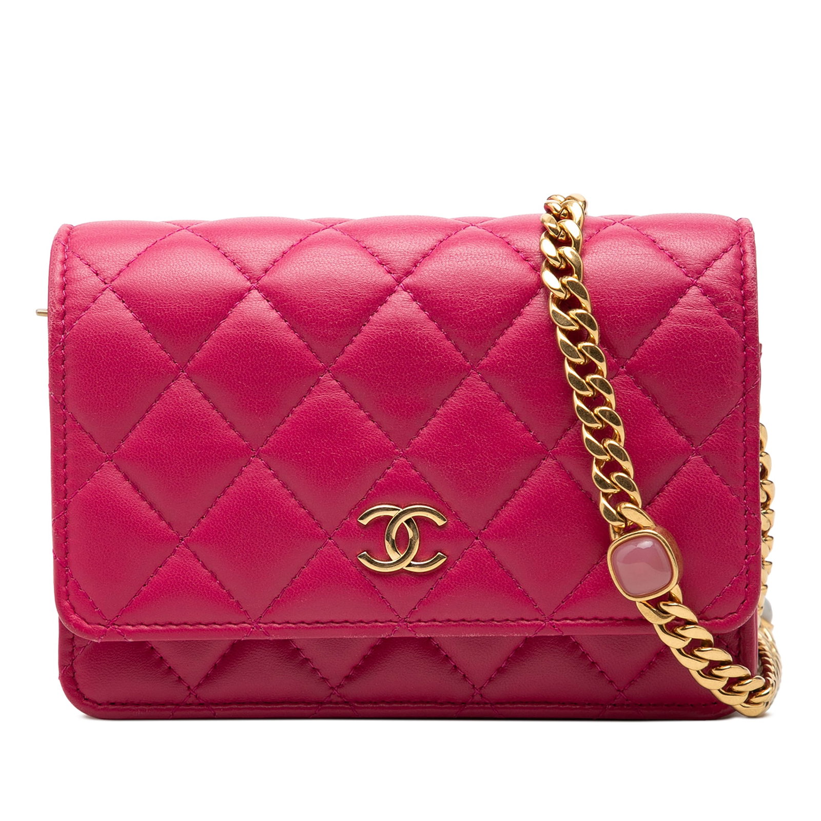 Chanel Pearl Samba Mini CC Wallet On Chain Pink Lambskin: Chanel Pearl Samba Mini CC Wallet On Chain Pink Lambskin Chanel Mini CC Quilted Lambskin Pearl Samba Wallet On Chain in pink quilted lambskin leather. This bag features a chain link shoulder strap wit