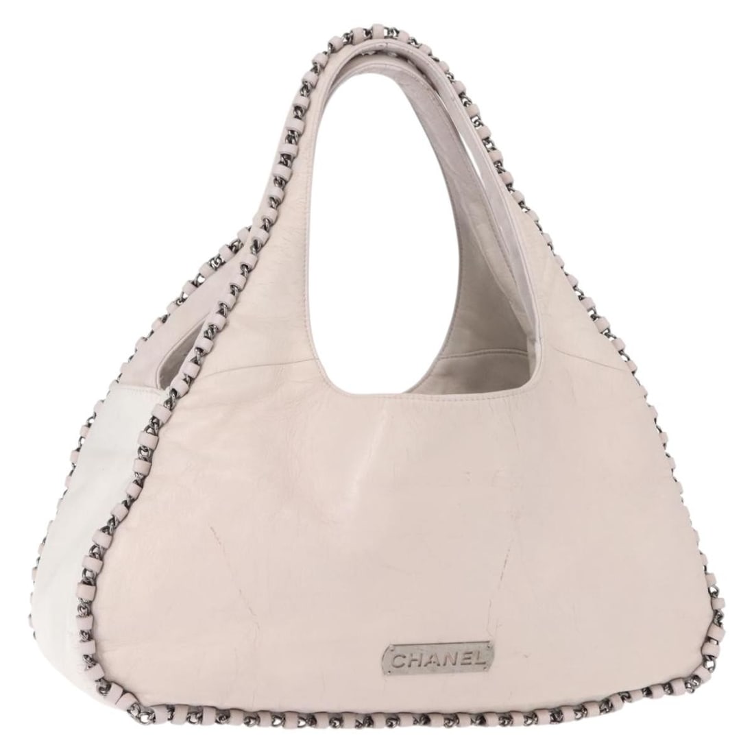 CHANEL Pink Silver Leather Shoulder Bag Made in France: CHANEL Pink Silver Leather Shoulder Bag Made in France Pink leather shoulder bag with silver-tone CC detailing, made in France. This women's bag includes the item shown in the photos only; item box an