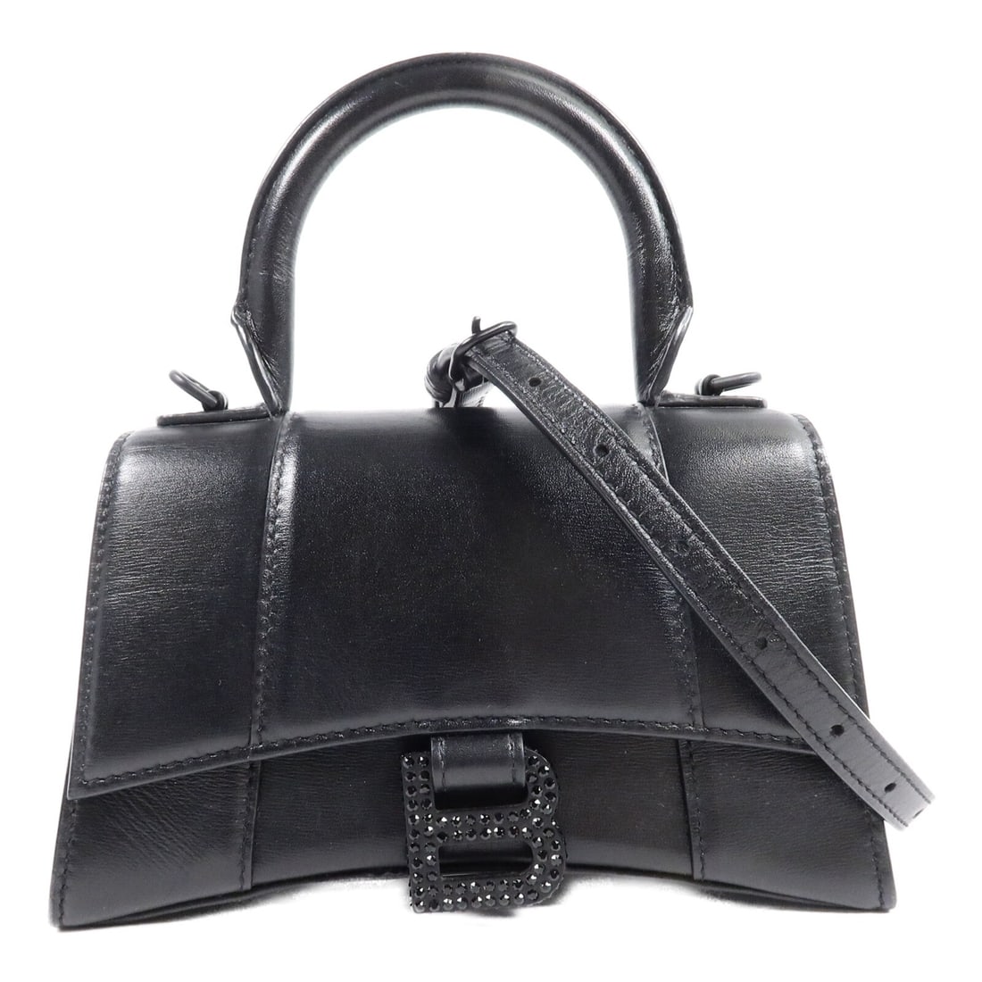 Balenciaga 592833 Hourglass XS calfskin 2 way shoulder bag black: Balenciaga 592833 Hourglass XS calfskin 2 way shoulder bag black Balenciaga Hourglass XS 2-way shoulder bag in black calfskin leather. This women's bag features a structured silhouette with an open ex