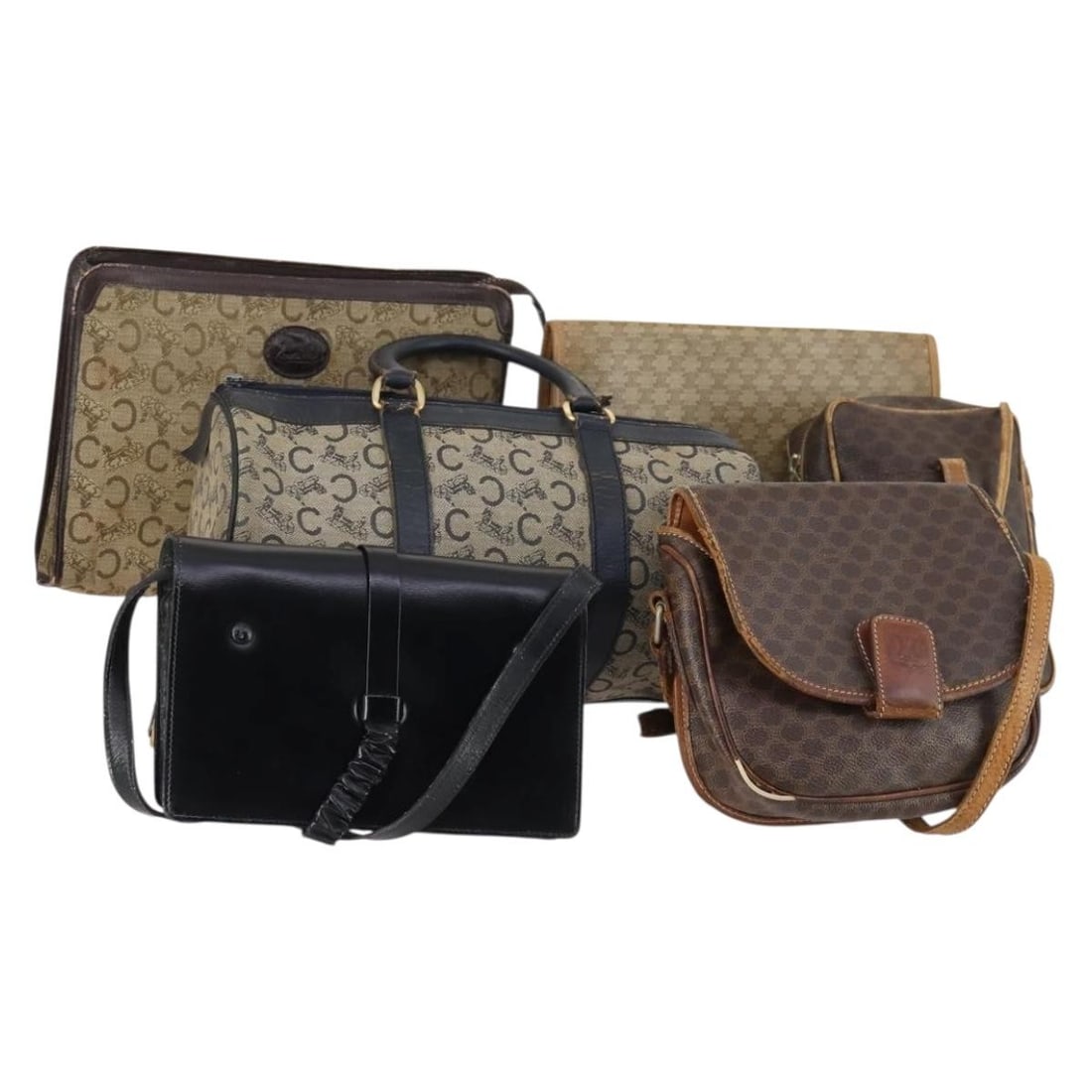 Set of 6 CELINE Macadam PVC Leather Handbags Beige Navy Black: Set of 6 CELINE Macadam PVC Leather Handbags Beige Navy Black Set of 6 CELINE Macadam canvas hand bags in beige, navy, and black, made in Italy. Crafted from PVC leather and Macadam canvas, this women