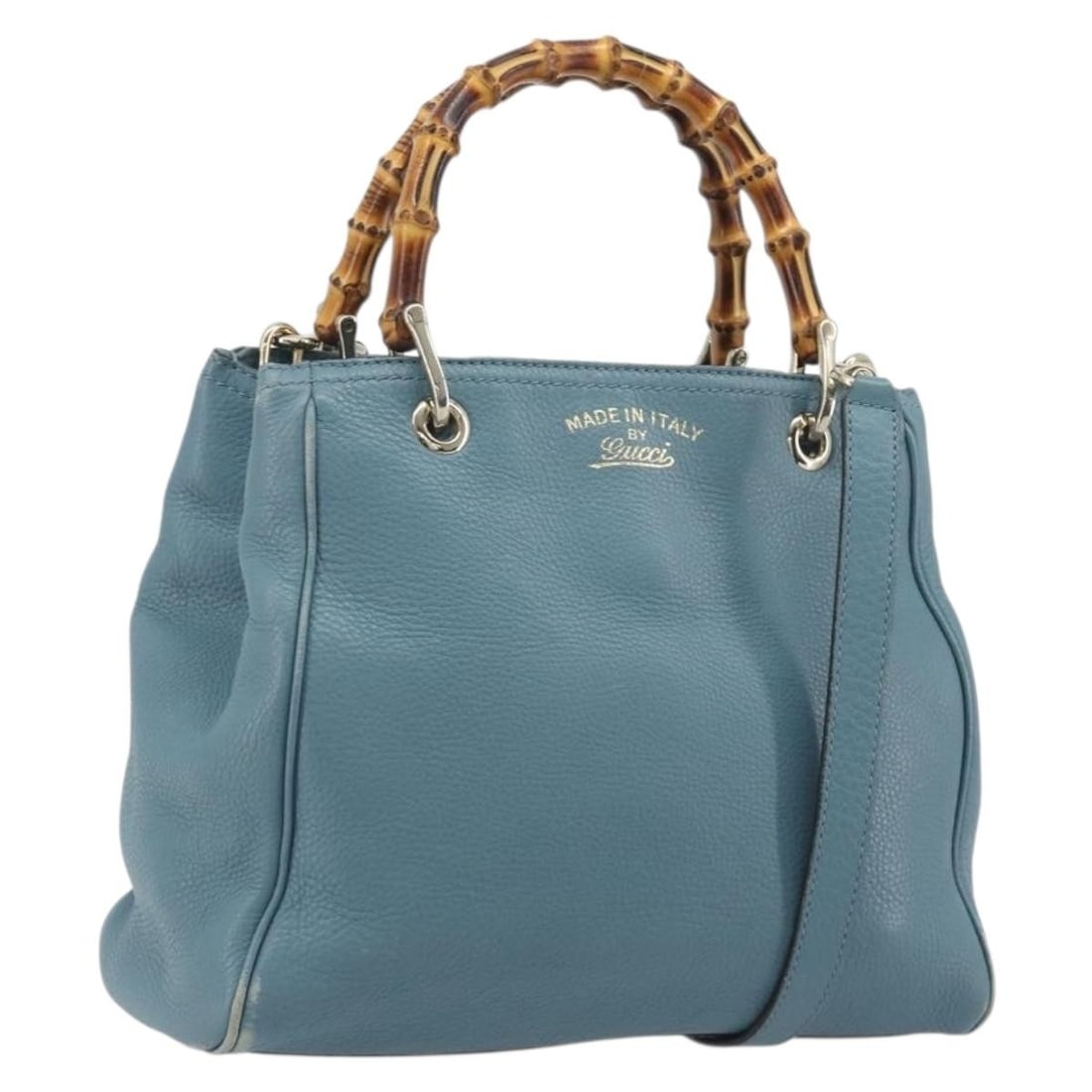 GUCCI 336032 Blue Leather 2way Bamboo Handbag with Shoulder Strap: GUCCI 336032 Blue Leather 2way Bamboo Handbag with Shoulder Strap A Gucci 2-way leather handbag in blue and silver, made in Italy. It comes with a shoulder strap and features a structured handbag styl