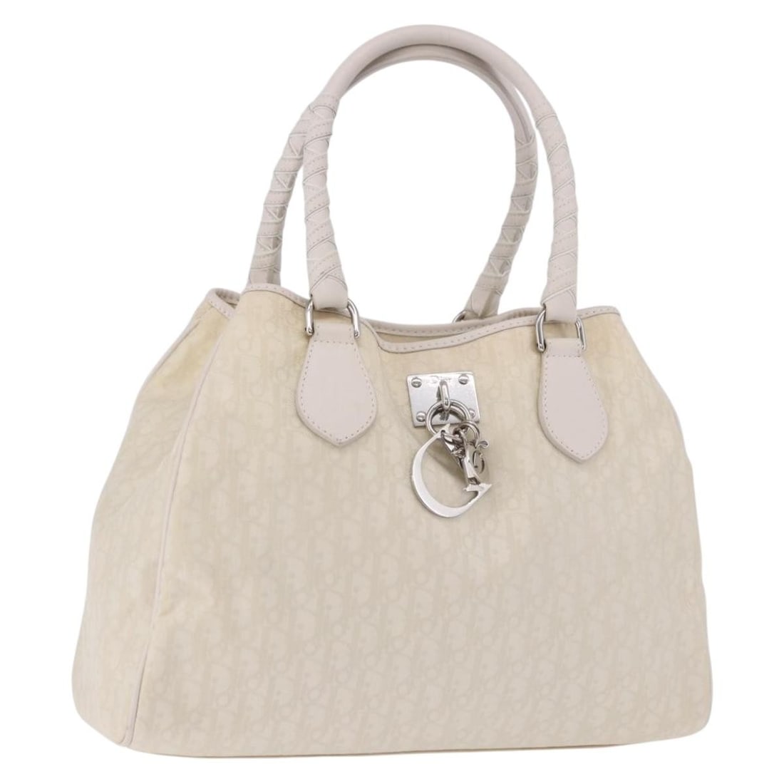 Christian Dior Trotter Canvas Hand Bag Ivory Silver Dust Bag: Christian Dior Trotter Canvas Hand Bag Ivory Silver Dust Bag Christian Dior handbag in ivory and silver Trotter canvas with a structured silhouette and included dust bag. Made in Italy, this women's b