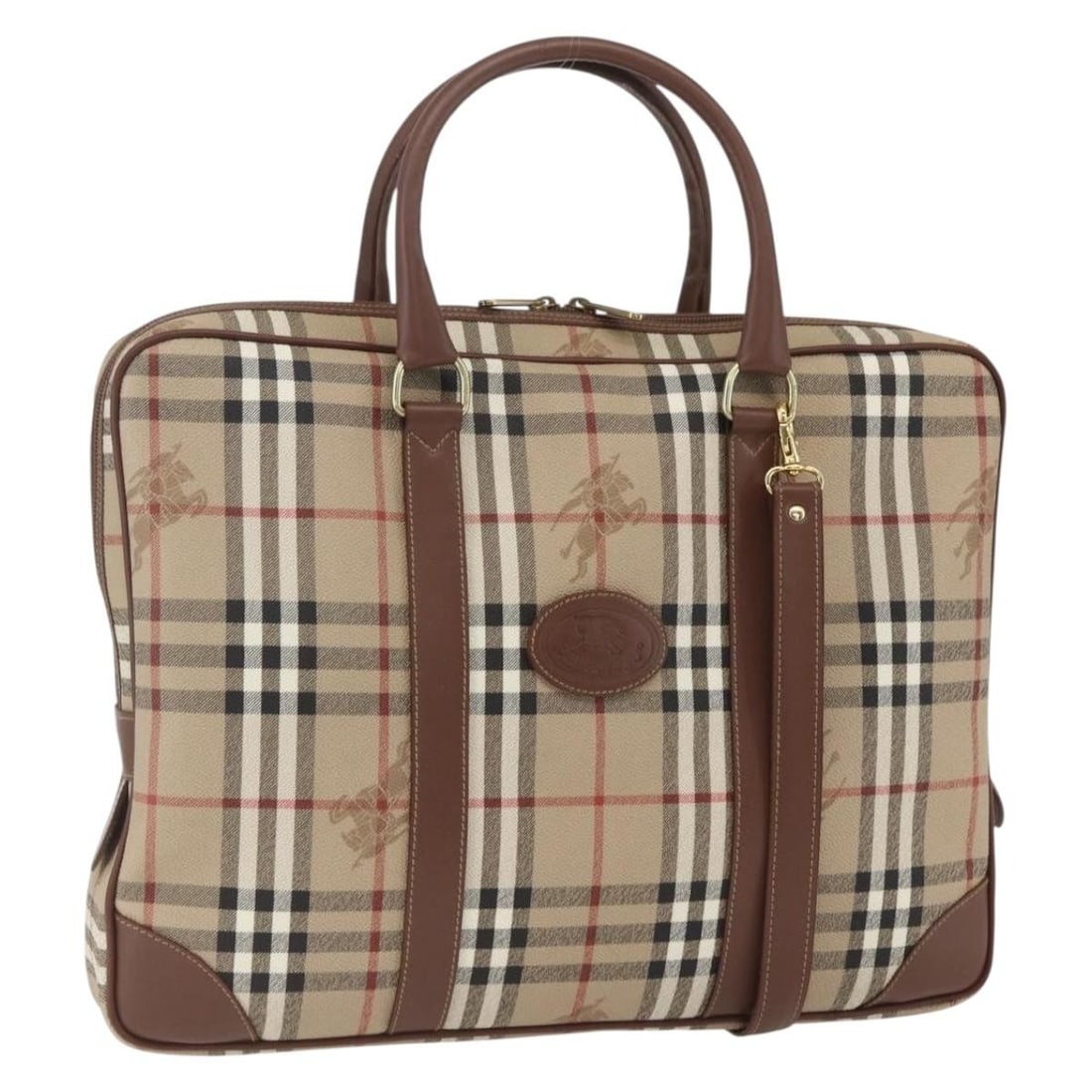 Burberrys Nova Check 2way Business Bag Beige Gold PVC Leather: Burberrys Nova Check 2way Business Bag Beige Gold PVC Leather Burberrys nova check 2-way business bag in beige and gold PVC leather with dual carry options via top handles and the included shoulder st