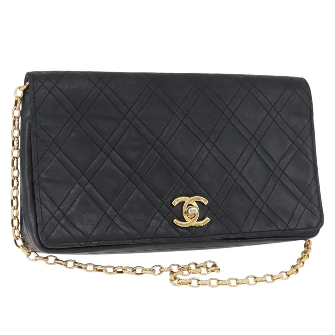 CHANEL Black Lambskin Matelasse Shoulder Bag with Gold Chain CC Logo: CHANEL Black Lambskin Matelasse Shoulder Bag with Gold Chain CC Logo This CHANEL Matelasse chain shoulder bag is crafted from black lambskin leather with gold-tone accents. Designed for women, it feat
