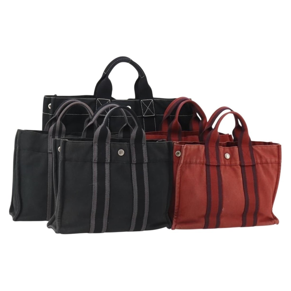 Hermes Fourre Tout Cotton Hand Bag 5 Piece Set Red Gray Black: Hermes Fourre Tout Cotton Hand Bag 5 Piece Set Red Gray Black Set of Hermes Fourre Tout handbags in cotton with a red, gray, and black color palette. This special set sale includes only the items show
