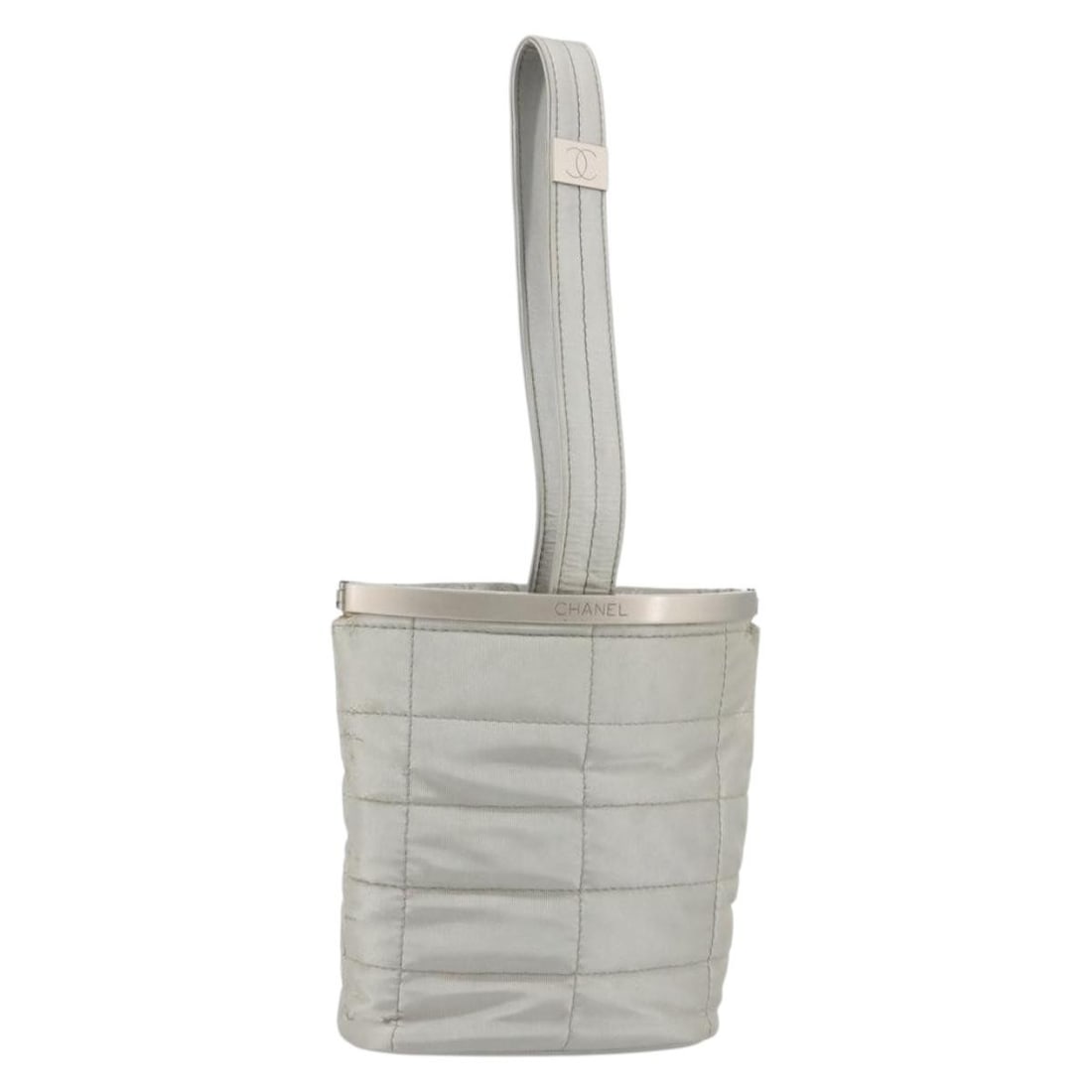 CHANEL Choco Bar Nylon Hand Bag Silver CC Pouch: CHANEL Choco Bar Nylon Hand Bag Silver CC Pouch Compact Chanel hand bag in silver nylon with the Choco Bar design. Made in France, this women's pouch-style hand bag has a structured small profile and 