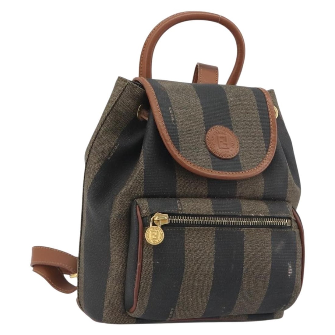 FENDI Pequin Brown PVC Leather Backpack Gold Tone Italy: FENDI Pequin Brown PVC Leather Backpack Gold Tone Italy Fendi Pequin backpack in brown PVC leather and canvas with gold-tone accents. This women's backpack is made in Italy and includes only the item 