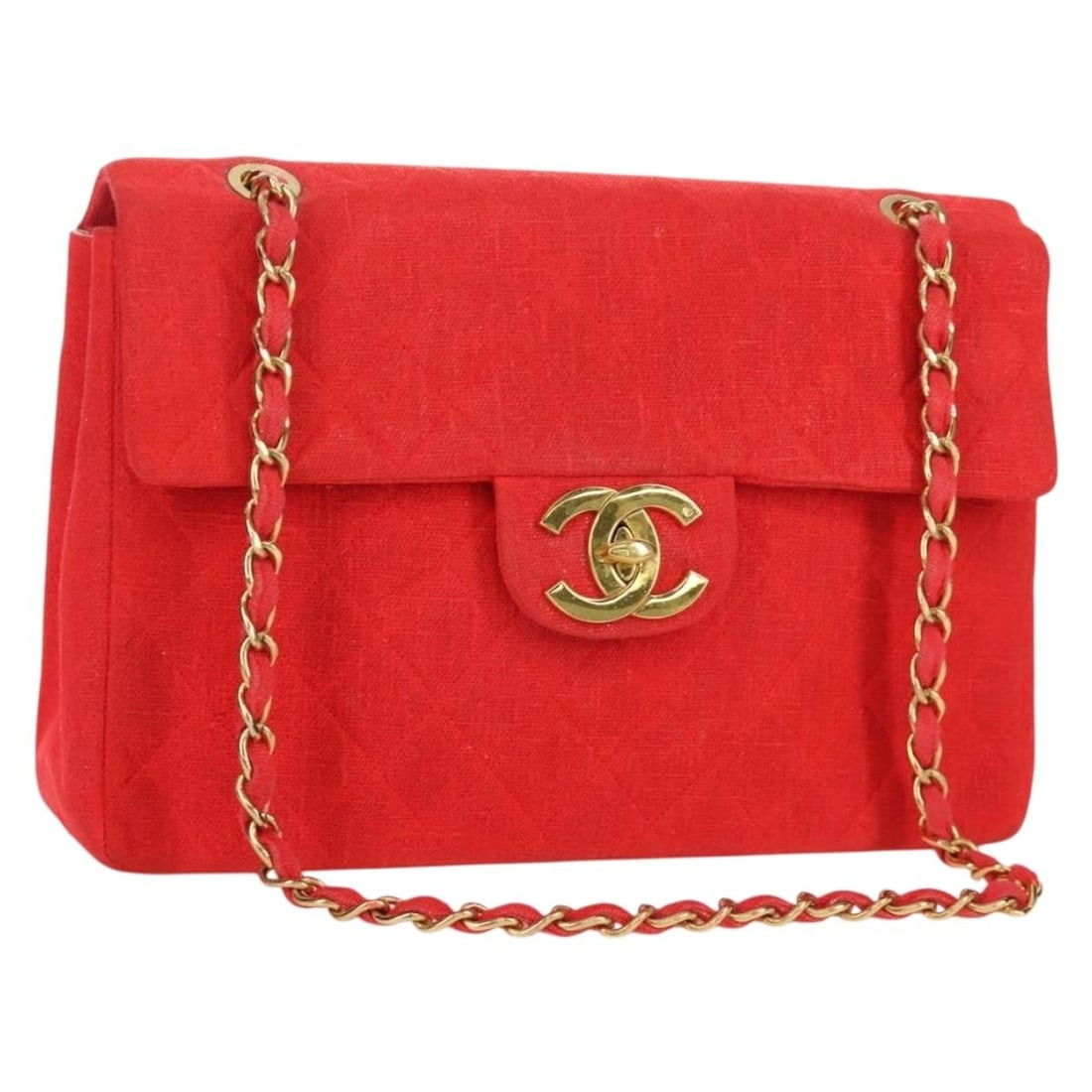 CHANEL Big Matelasse 35 Canvas Shoulder Bag Red Gold CC: CHANEL Big Matelasse 35 Canvas Shoulder Bag Red Gold CC CHANEL Big Matelasse 35 chain shoulder bag in canvas with a gold and red exterior. Made in France, this women's shoulder bag measures approximat