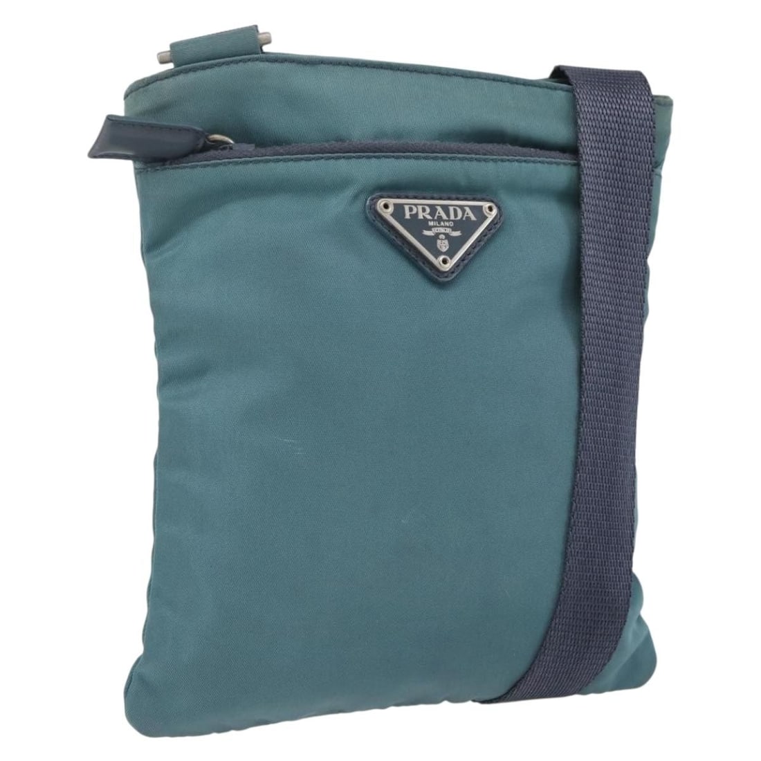 Prada nylon blue silver shoulder bag Italy women: Prada nylon blue silver shoulder bag Italy women This PRADA shoulder bag features a blue and silver nylon exterior and is designed for women. Made in Italy, the bag measures approximately 17 cm in wid