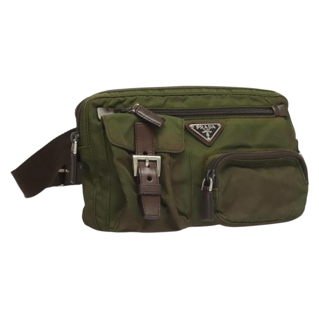 PRADA Khaki Silver Nylon Waist Bag Authentic Made in Italy: PRADA Khaki Silver Nylon Waist Bag Authentic Made in Italy This PRADA waist bag combines functionality with luxury, crafted from durable nylon in a stylish khaki and silver color scheme. Its compact d
