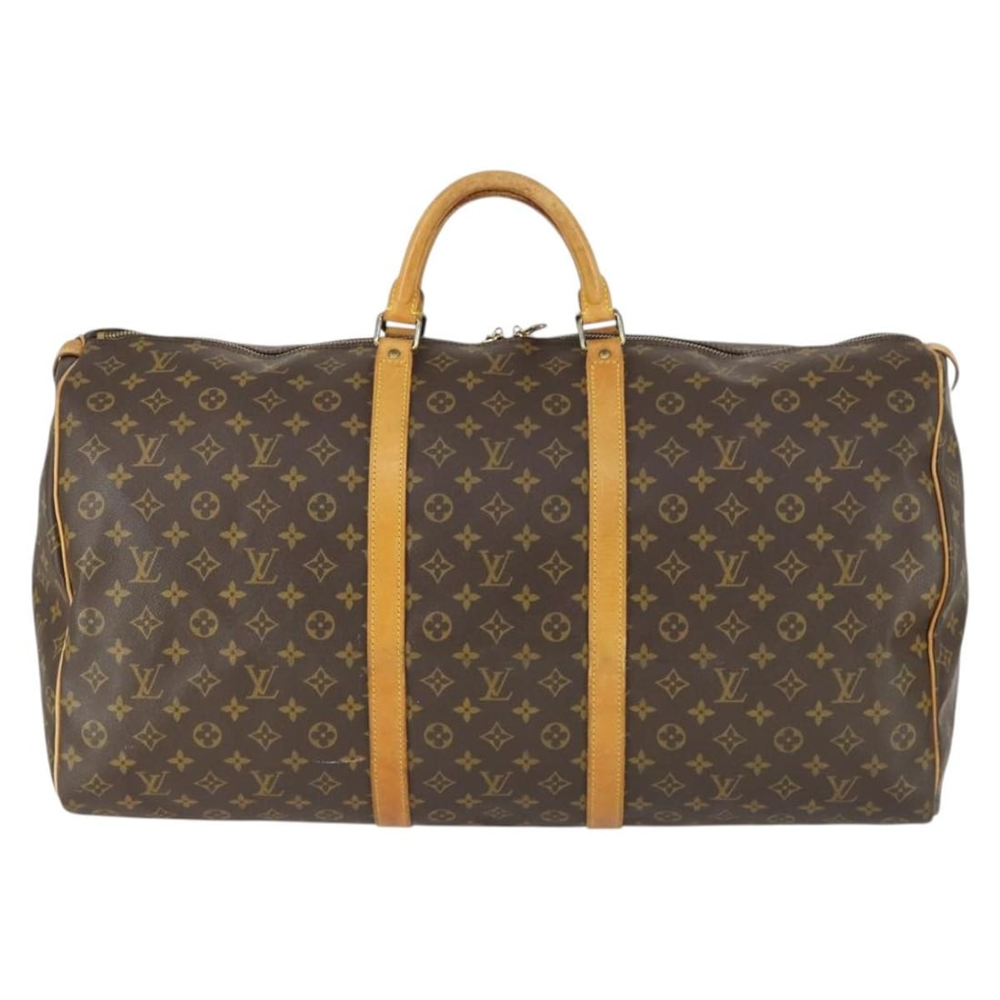 Louis Vuitton Keepall Monogram Canvas Travel Bag 60cm x 30cm x 26cm: Louis Vuitton Keepall Monogram Canvas Travel Bag 60cm x 30cm x 26cm This Louis Vuitton Keepall Bag features the iconic monogram canvas in brown and is designed for unisex use. The bag shows visible si