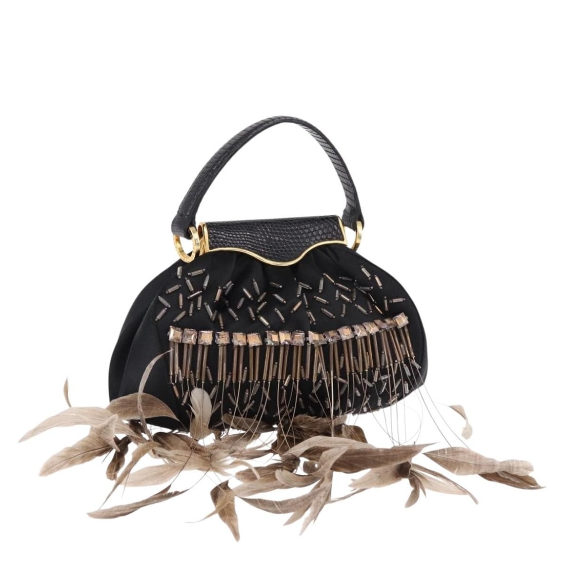 BVLGARI satin handbag black and gold with dust bag: BVLGARI satin handbag black and gold with dust bag This BVLGARI hand bag is crafted in satin with a black and gold exterior and was made in Italy. It comes with a dust bag and features a handle drop o