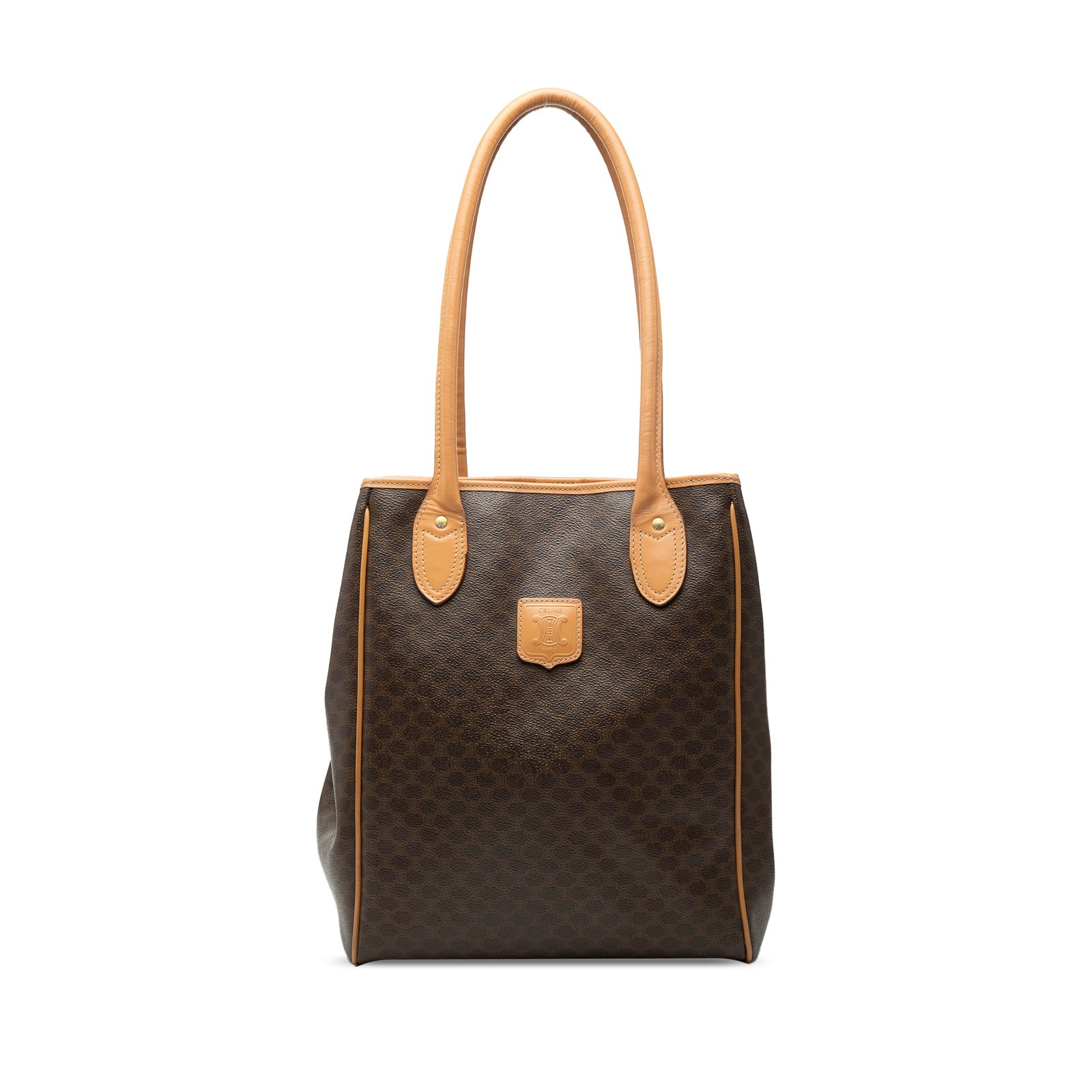 Celine Macadam Brown Coated Canvas Tote Bag Leather Trim: Celine Macadam Brown Coated Canvas Tote Bag Leather Trim Celine Macadam tote bag crafted with a coated canvas body and leather trim. It features rolled leather handles, an open top with a lobster clas