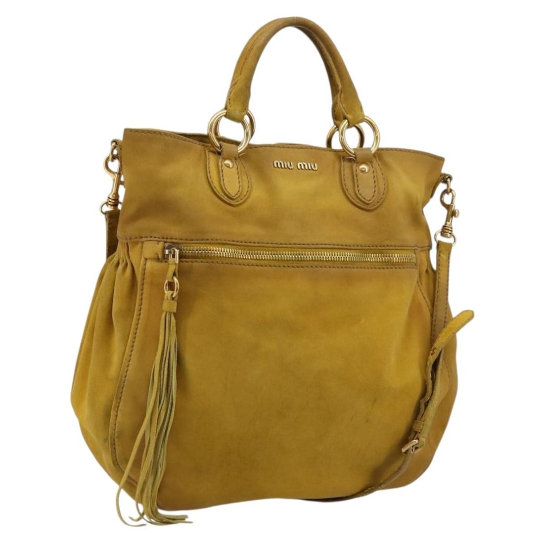 Miu Miu 2way suede handbag with shoulder strap yellow gold: Miu Miu 2way suede handbag with shoulder strap yellow gold Miu Miu women's 2-way handbag in yellow/gold suede with top handles and a removable shoulder strap. Made in Italy, this heavily used bag show