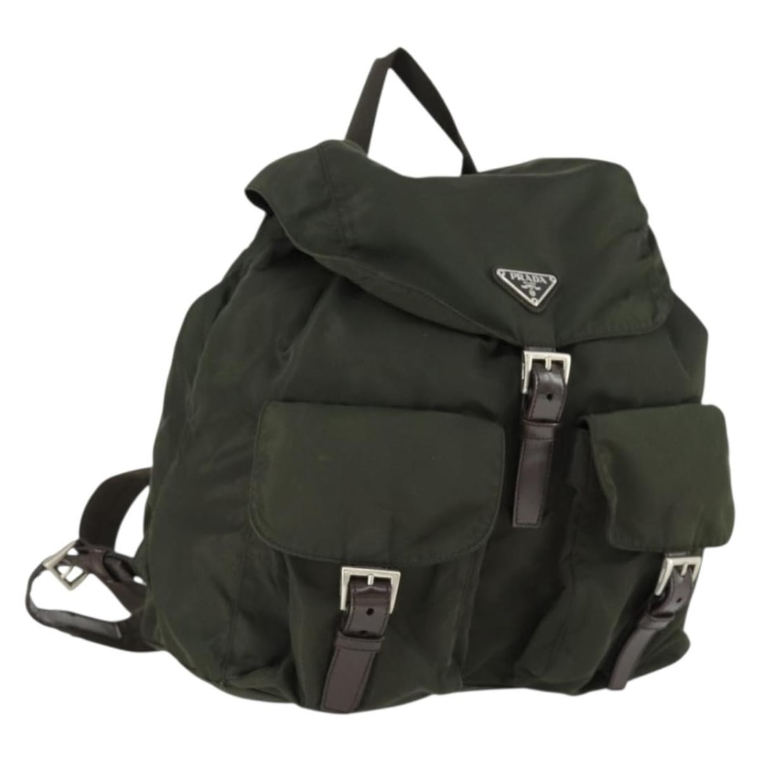 Khaki Nylon Backpack by PRADA with Silver Accents Italy: Khaki Nylon Backpack by PRADA with Silver Accents Italy This PRADA backpack features a khaki nylon exterior accented with silver-tone hardware. Designed for versatile use, it offers a spacious main co