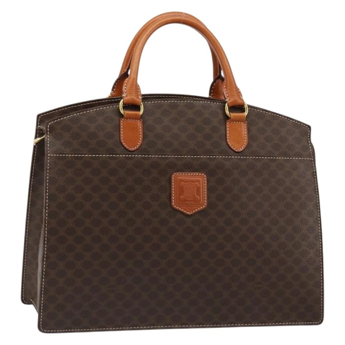 CELINE Macadam Canvas PVC Leather Handbag Brown Gold Tone: CELINE Macadam Canvas PVC Leather Handbag Brown Gold Tone Celine Macadam canvas hand bag in brown with gold-tone accents, crafted with PVC leather. This women's handbag was made in Italy and shows hea